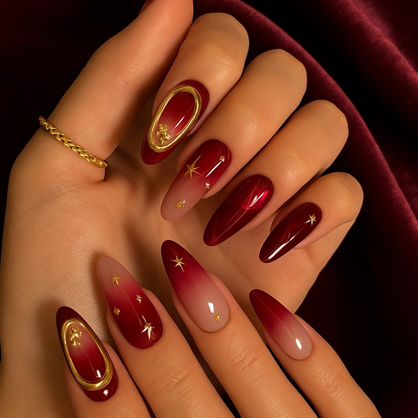 30PCS Red Almond Press On Nails, 3D Gold Stars and Gold Pearl Design