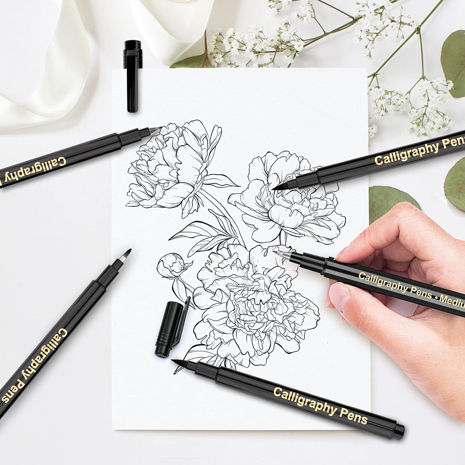 Calligraphy Pens, Soft & Hard Tip Brush Markers Set, Black Ink Refillable Hand Lettering Pens，Black Ink Markers Set for Beginners Writing, Art Drawings, Water Color Illustrations, Journaling (6 Pcs) : Office Products