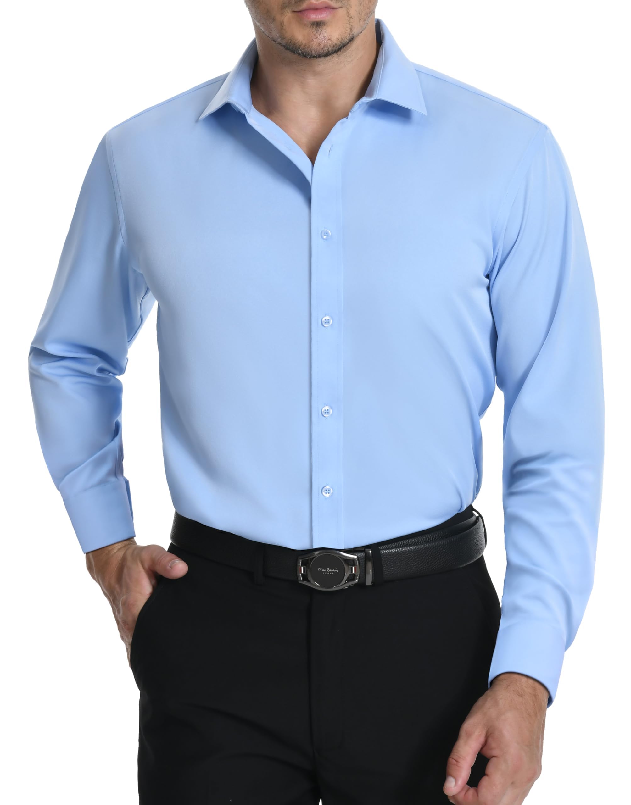 LUPURTY Dress Shirts for Men Long Sleeve Regular Fit Button Down Shirt Stretch Wrinkle Free Business Formal