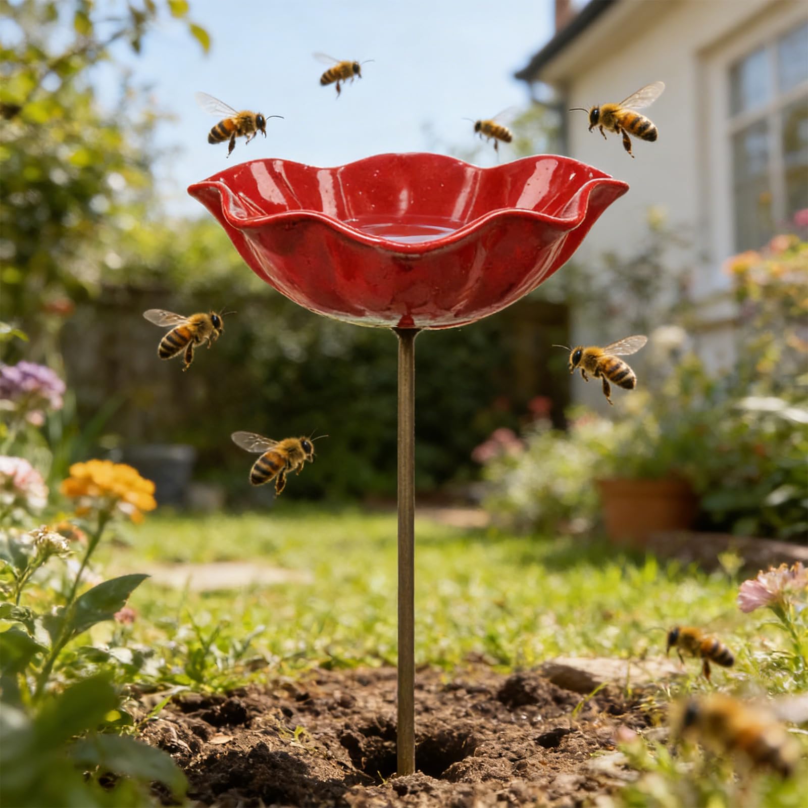 Mangiatoia per uccelli da giardino in metallo, decorazione per esterni con raccoglipioggia per uccelli e stazione di irrigazione per api per colibrì, 60 cm