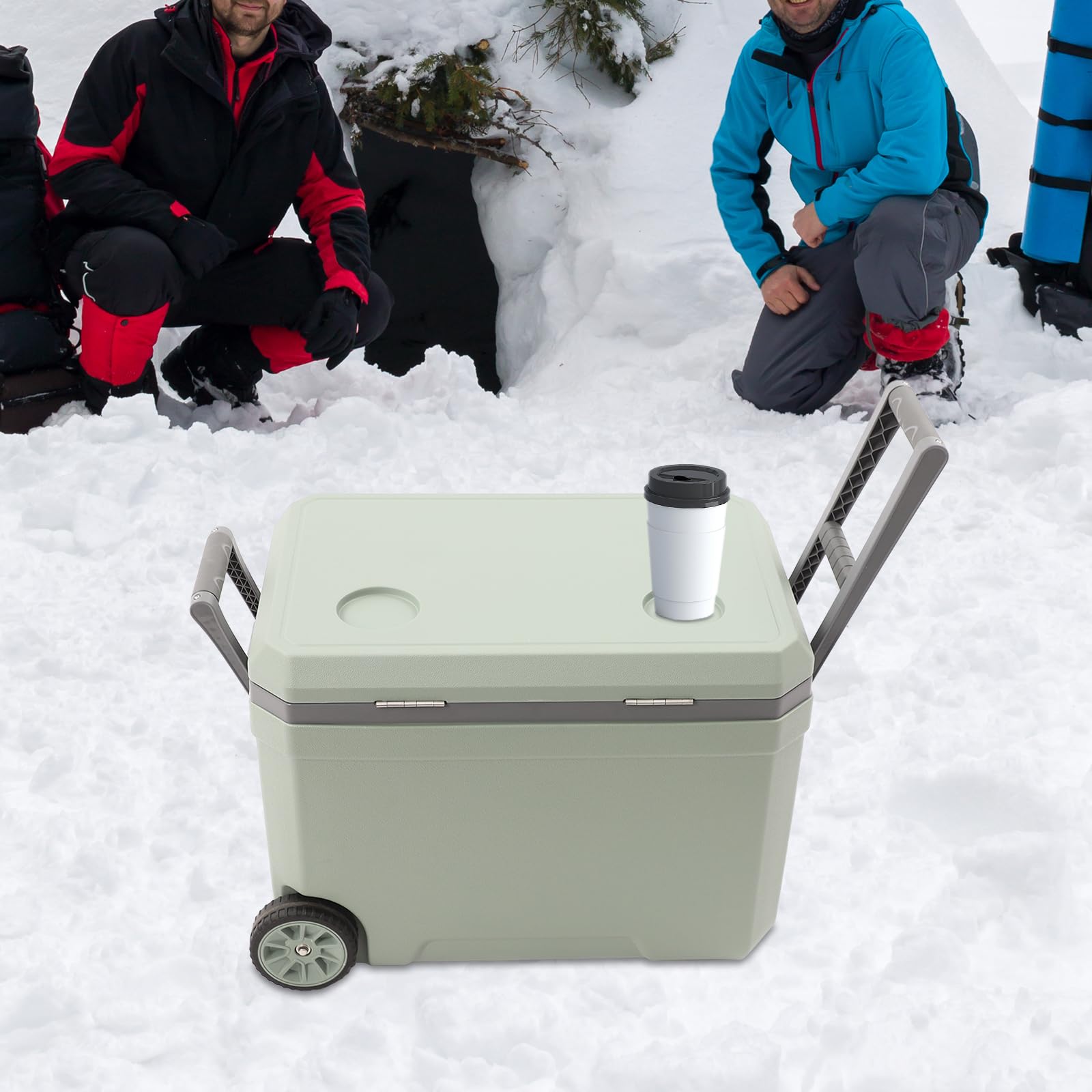 Nevera portátil de 45L, nevera para auto/caja aislante con barra de tracción, rueda inferior y portavasos integrado, nevera para hielo, bebidas y cerveza