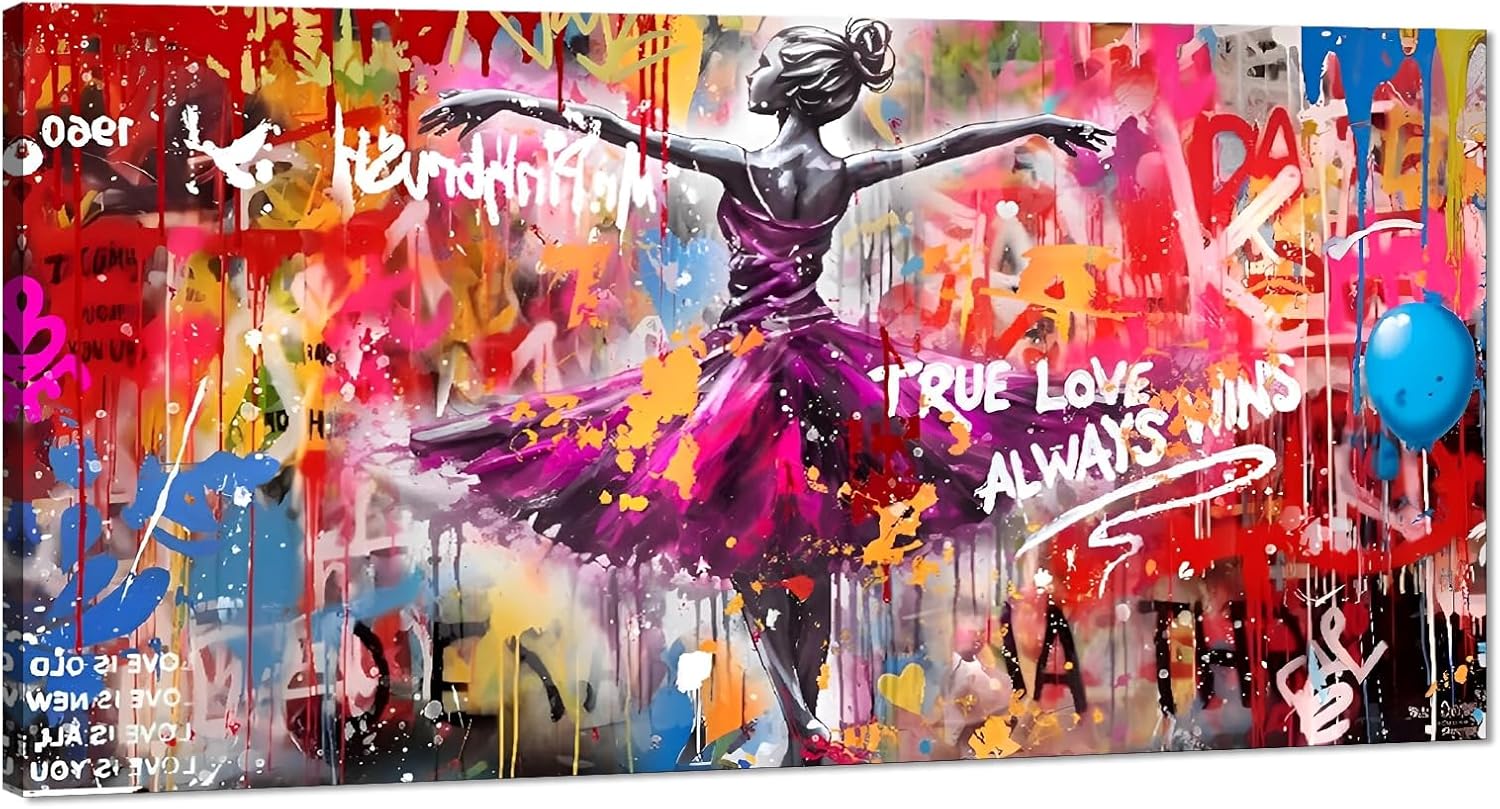 Novatique Banksy Wall Art Modern Graffiti Wall Art Street Girl Dancing Picture Abstract Graffiti Posters Modern Painting Home Decor for Living Room Bedroom, 16x32inch