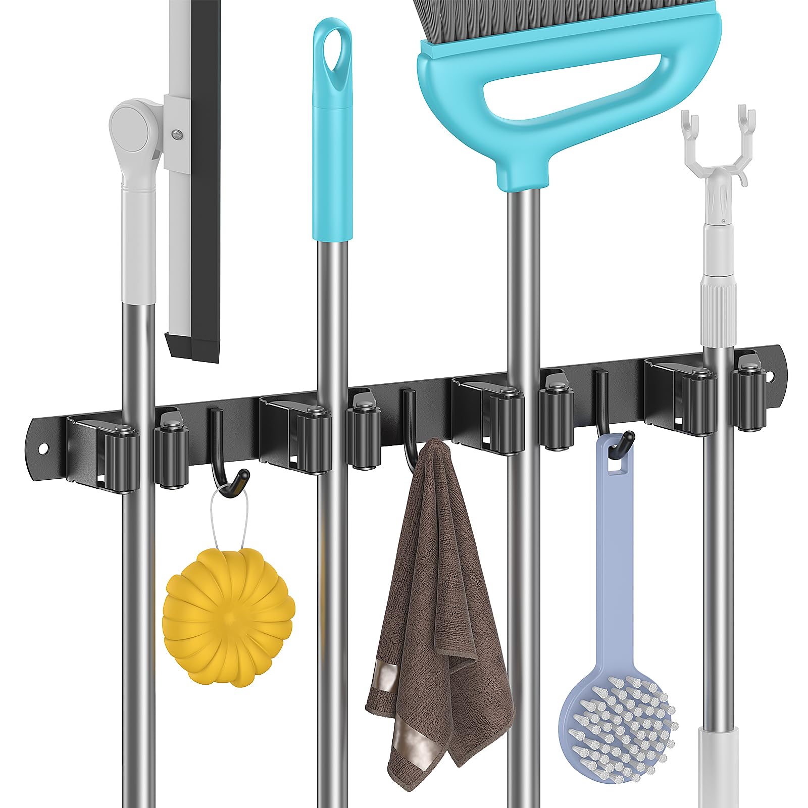 Juspota Colgador Escobas y Fregonas adhesivo, Soporte Escobas pared con 4 Soportes y 3 Ganchos, Sujeta Escobas pared de Acero Inoxidable atornillable, Negro