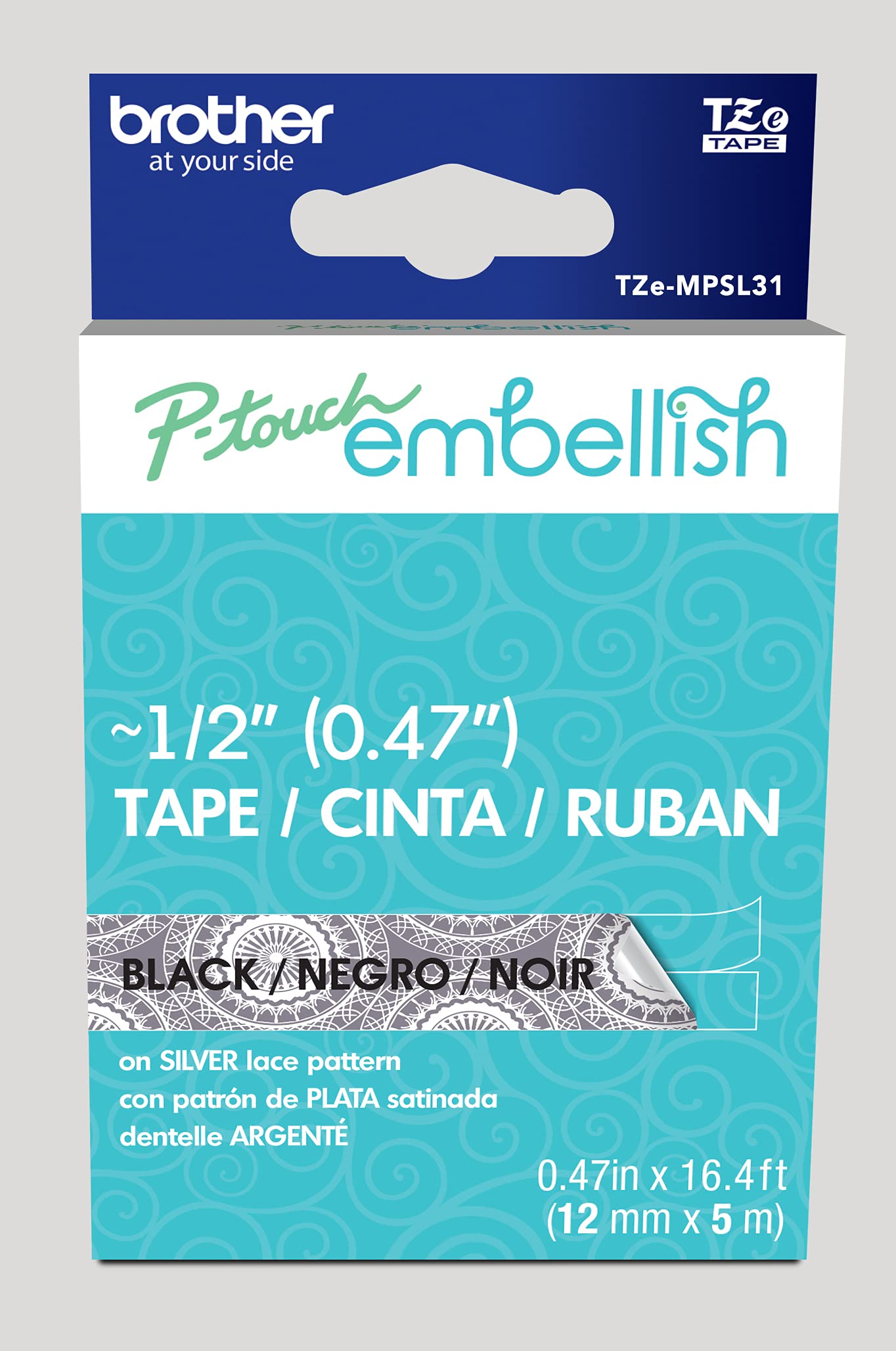 Brother P-Touch Embellish Black Print on Silver Lace Patterned Tape TZEMPSL31 – ~½” Wide x 13.1’ Long for use with P-Touch Embellish Ribbon &amp; Tape Printer