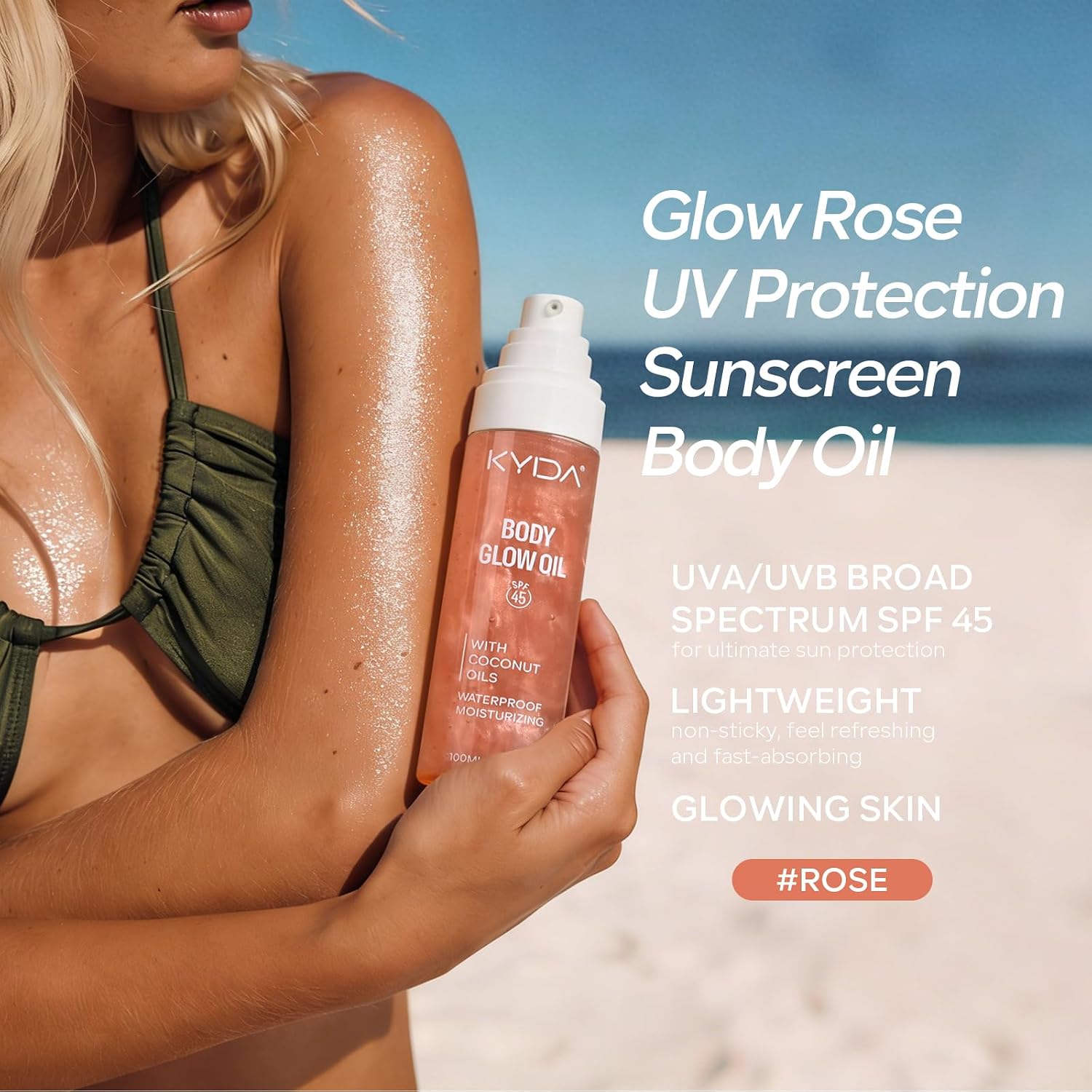 KYDA Travel Size Sunscreen, SPF 45 Body Glow Oil with Sequin Mica, Lightweight Moisturizing Coconuts Sunscreen SPF Glow Oil, Sun-kissed Shimmer Body Lotion, Water Resistant, 3.38 fl oz, ROSE