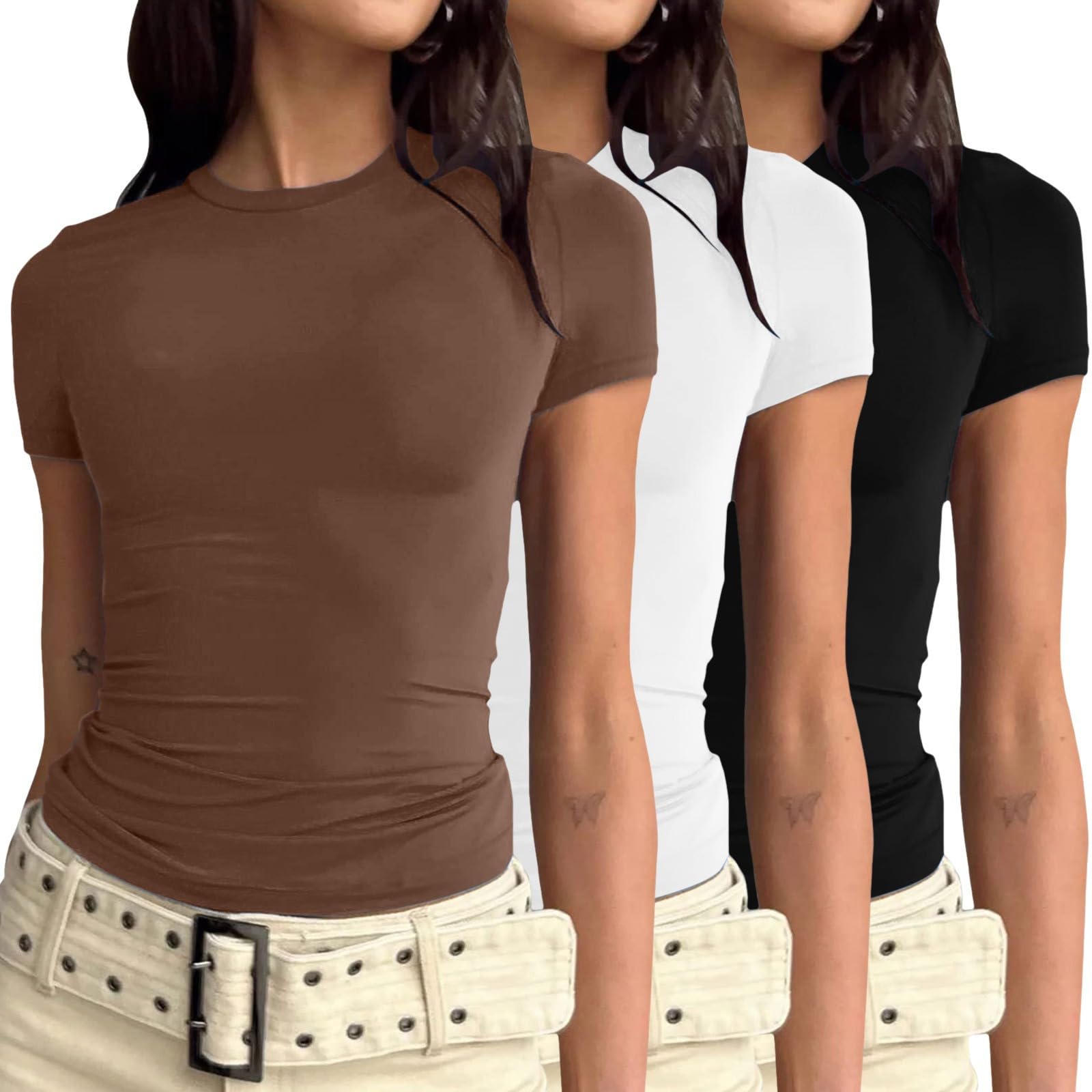 3er Pack T-Shirt Damen Rundhals Tshirt Eng Damen Basic Y2k Top Einfarbig Shirt Kurzarm/Langarm Slim Fit Tshirts