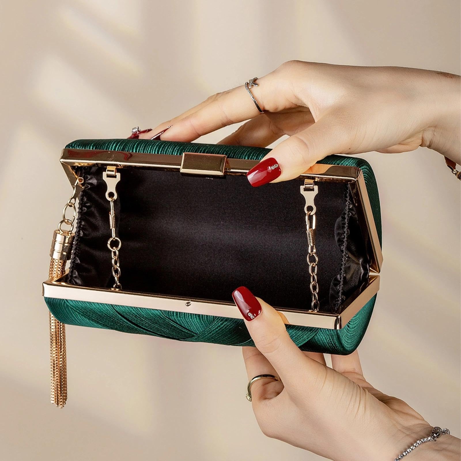 Pochette Oro da Sera Clutch Donna Pochette Dorata Cerimonia con 2 Catena, Elegante Borsa da Sera con Nappa da sposa Borsa Tracolla Piccola Borsetta per Feste di Matrimonio (Verde)