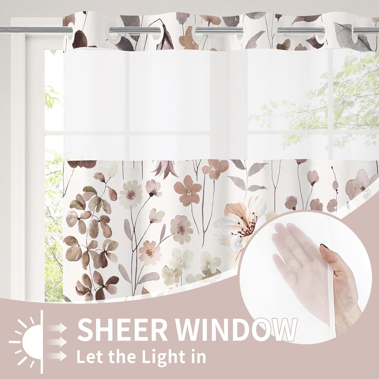 Litabel Extra Long No Hook Brown Watercolor Floral Shower Curtain and Liner Set, Flower Shower Curtains with Snap in Liner for Farmhouse Decor, Modern Botanical Bathroom Curtain with Leaves, 72x86