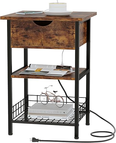 Miniatura 8 de Yusong Mesa auxiliar pequeña con estación de carga, mesa auxiliar delgada para espacios estrechos en la sala de estar, mesita de noche delgada de 3