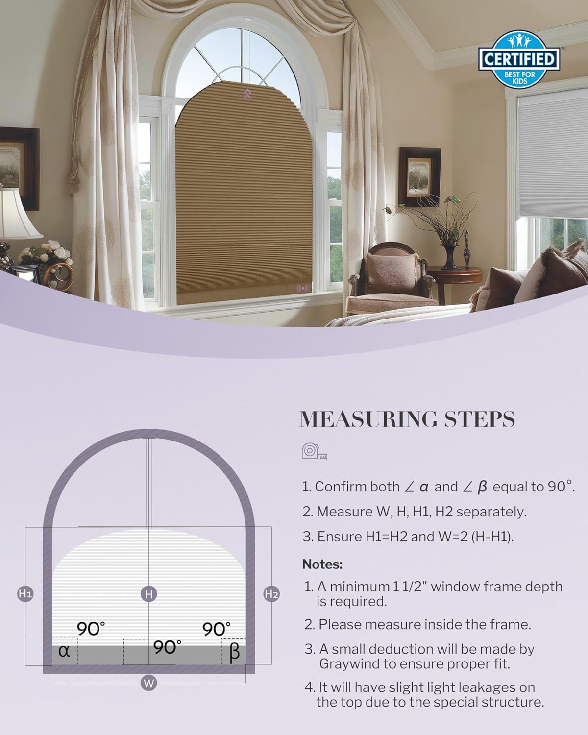 Graywind Smart Arched Blinds Compatible with Alexa Google Motorized Elongated Perfect Arch Shades Solar Powered, Customized for Odd-Shaped Window (Blackout White)