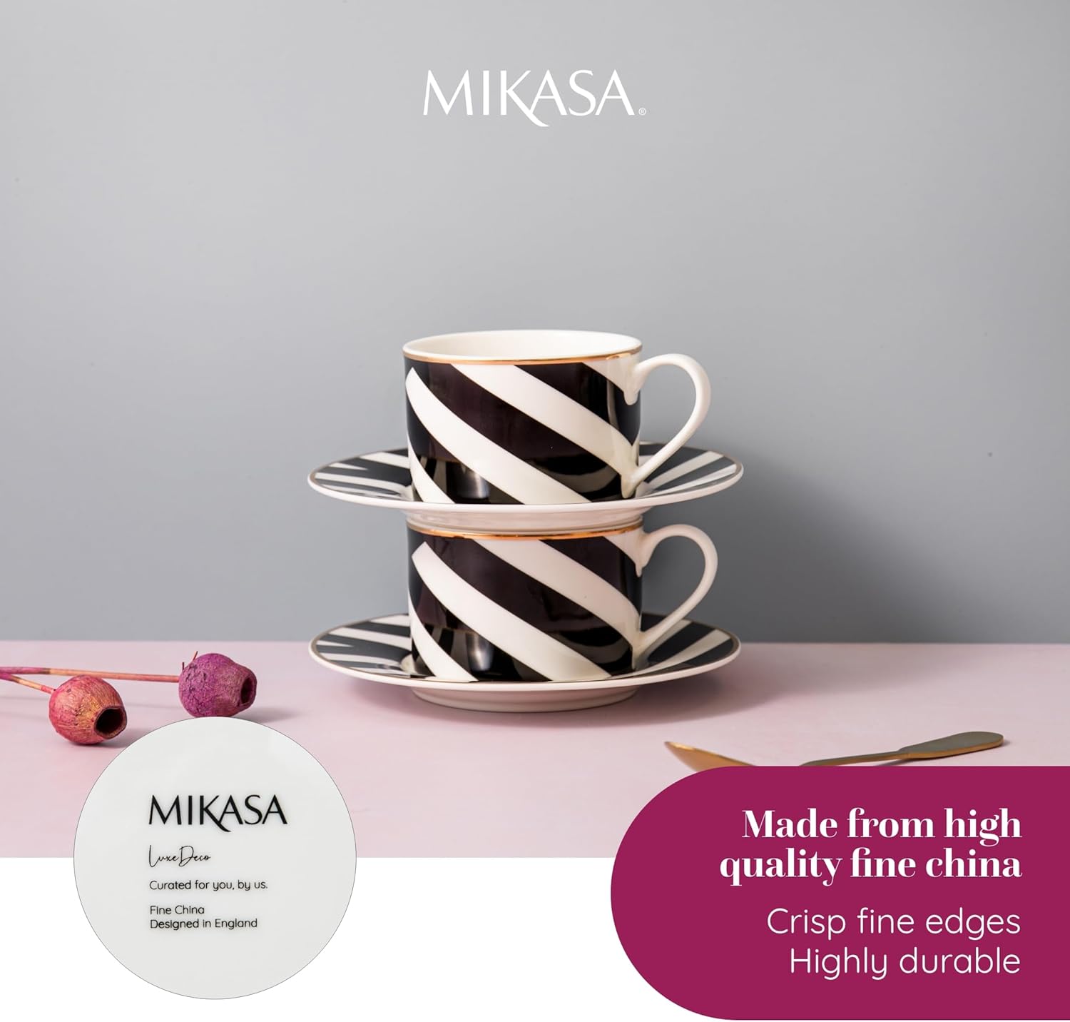 Mikasa Luxe Deco 2pc Fine China Tea Cup & Saucer Set - Geo Pattern, 250ml, Gift Boxed