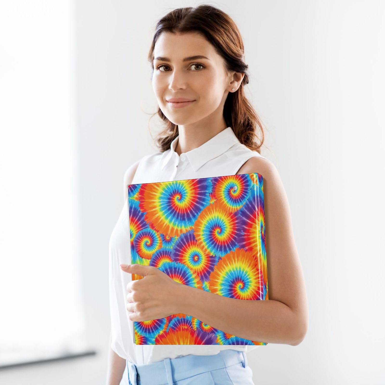 Raccoglitore a 3 anelli con spirale arcobaleno tie dye arancione, 3,8 cm, flessibile ad anelli a D con tasche, per scuola, università, ufficio (confezione da 2)