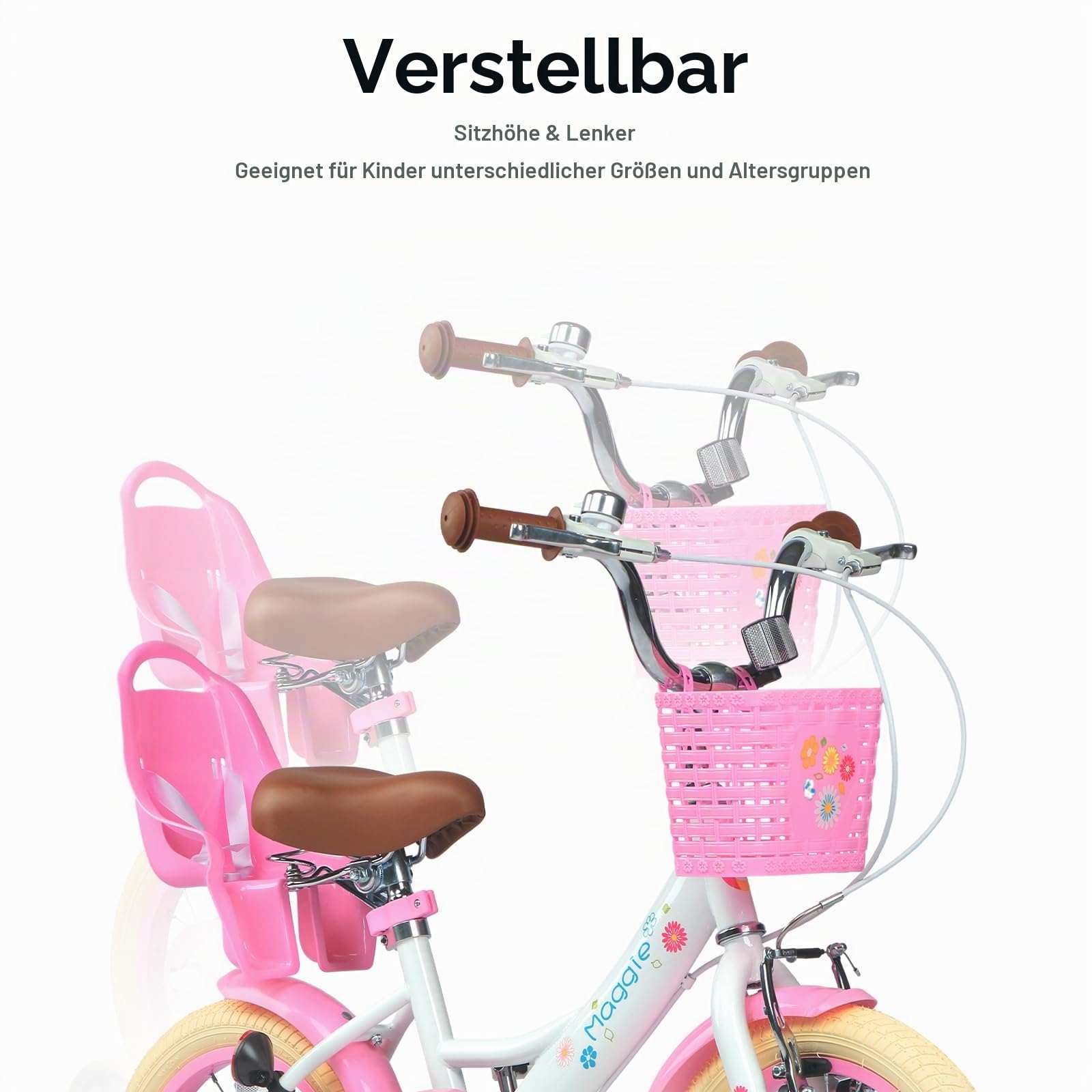 Glerc Maggie 14 Zoll Mädchen Fahrrad Alter 2 3 4 5 6 7 Jahre, Kinder und Kleinkinder Prinzessin Fahrrad Barbie Fahrräder mit Puppe-Sitz & Korb & Stützräder für Geschenk, Weiß