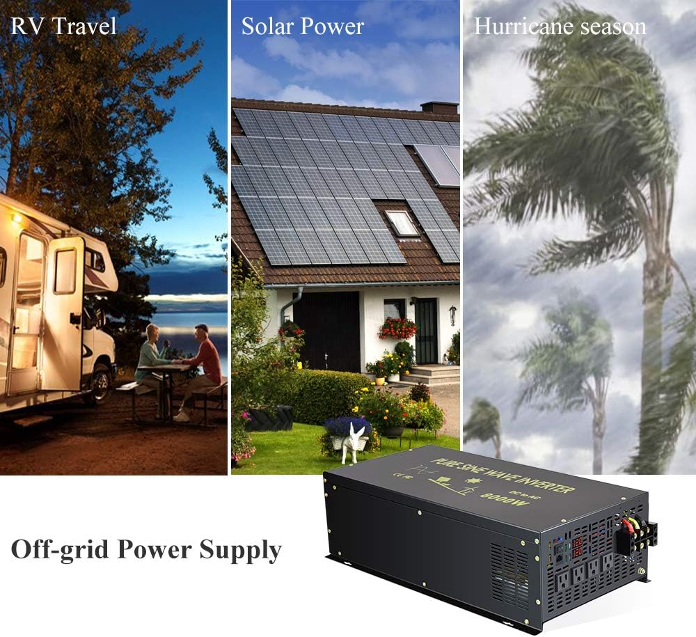 WZRELB 8000W 12V 120V Pure Sine Wave Power Inverter 4 AC Outlets Wired Remote Control,RV, Camping (RBH-800012WR)