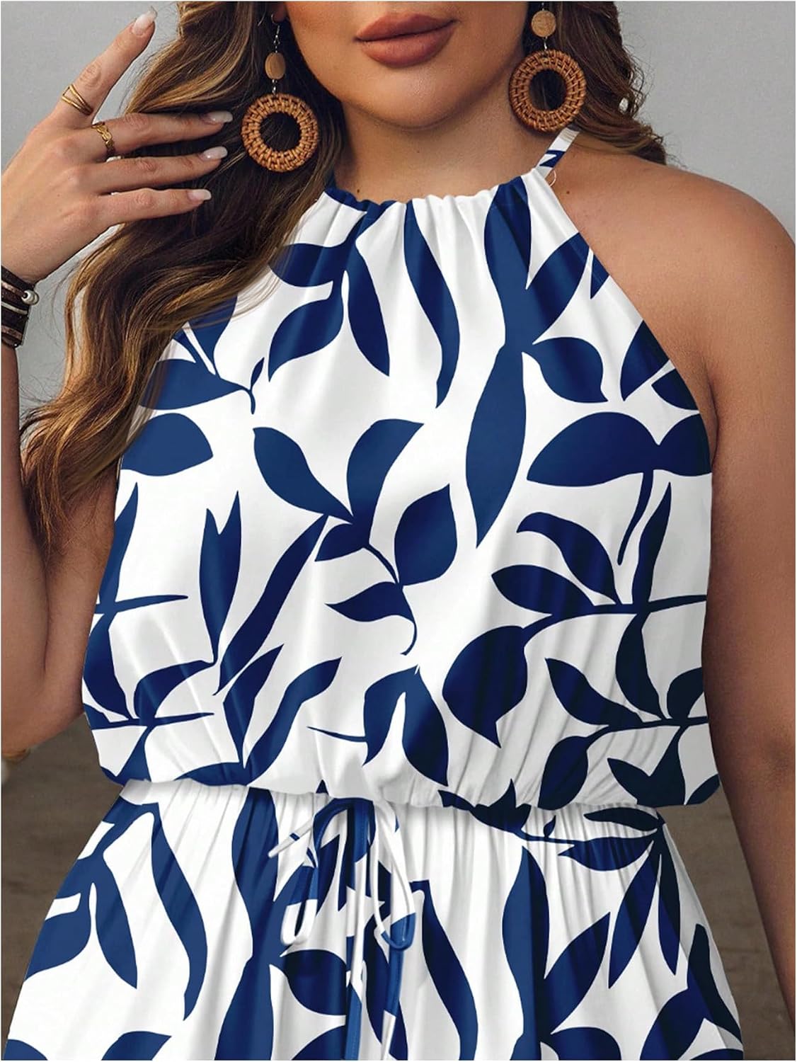 OYOANGLE Women's Plus Size Tropical Sleeveless Halter Rompers Tie Waist Wide Leg Short Jumpsuits