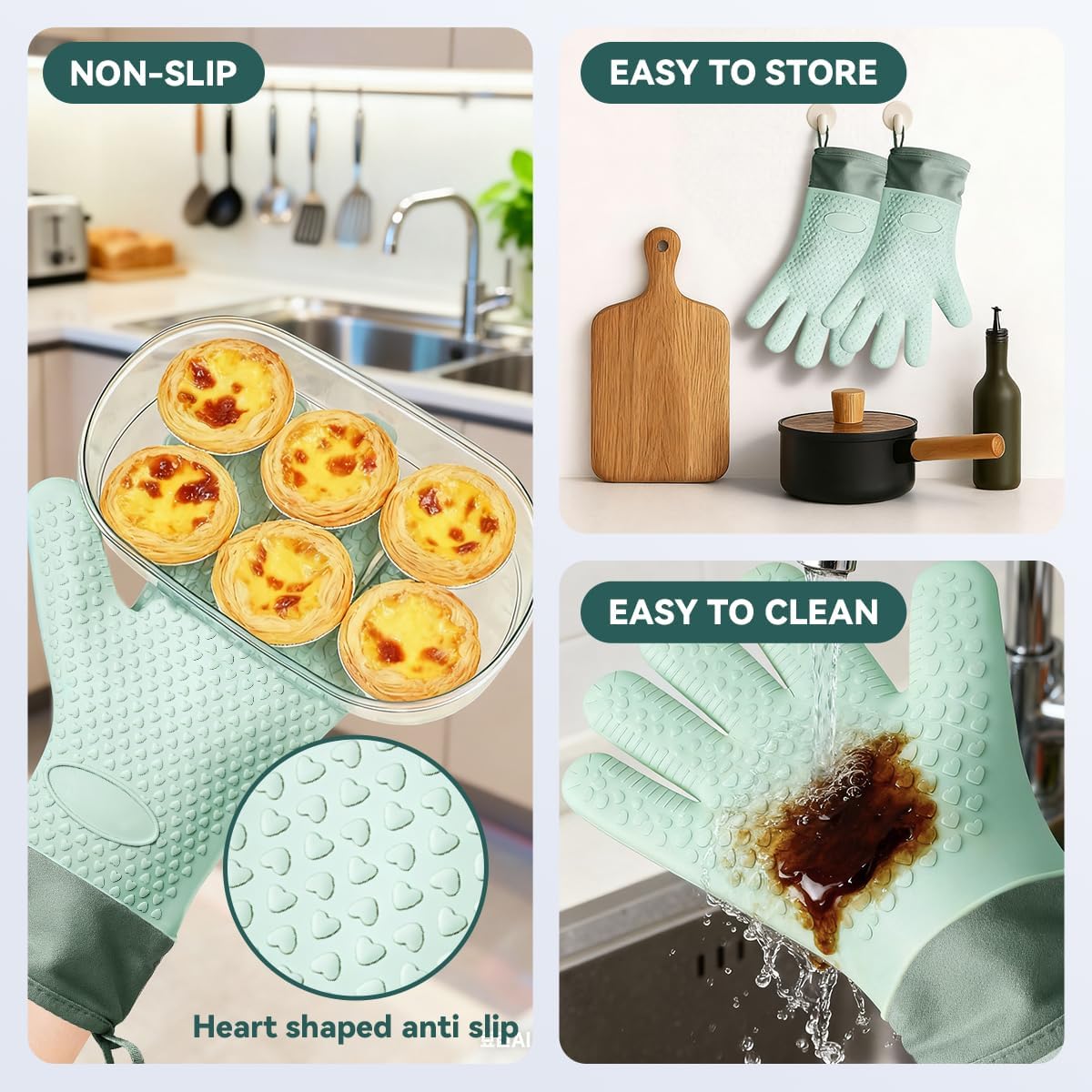 Silicone Oven Mitts and Pot Holders Sets, Heat‑Resistant Non‑Slip Oven Gloves, Kitchen Hot Pads for Baking, Cooking, Grilling, 2‑Pack Oven Mitts 2‑Pack Pot Holders (Light‑Green)