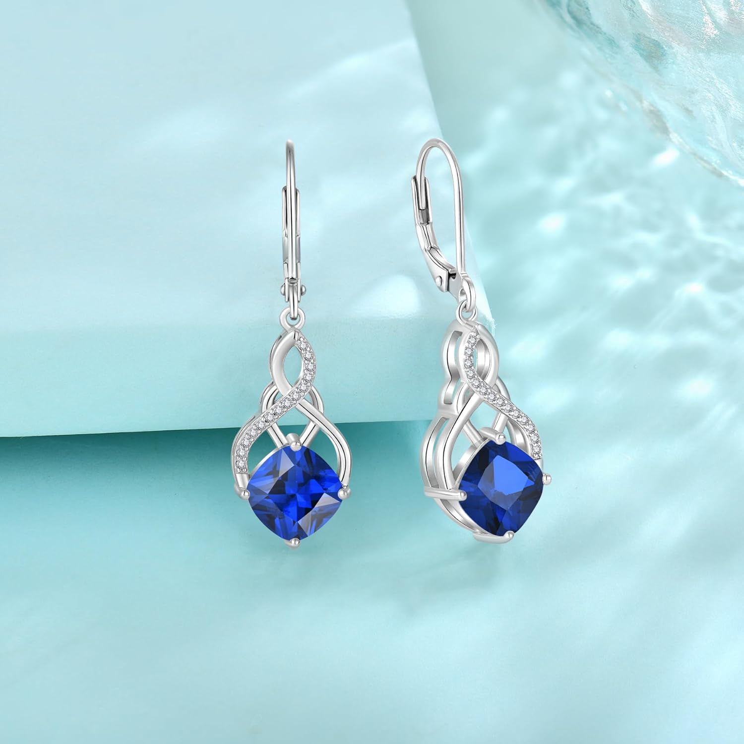 Princess Cut Leverback Dangle Drop Earrings 925 Sterling Silver Infinity Knot Earrings Birthstone Jewelry Gifts for Women - Image 4