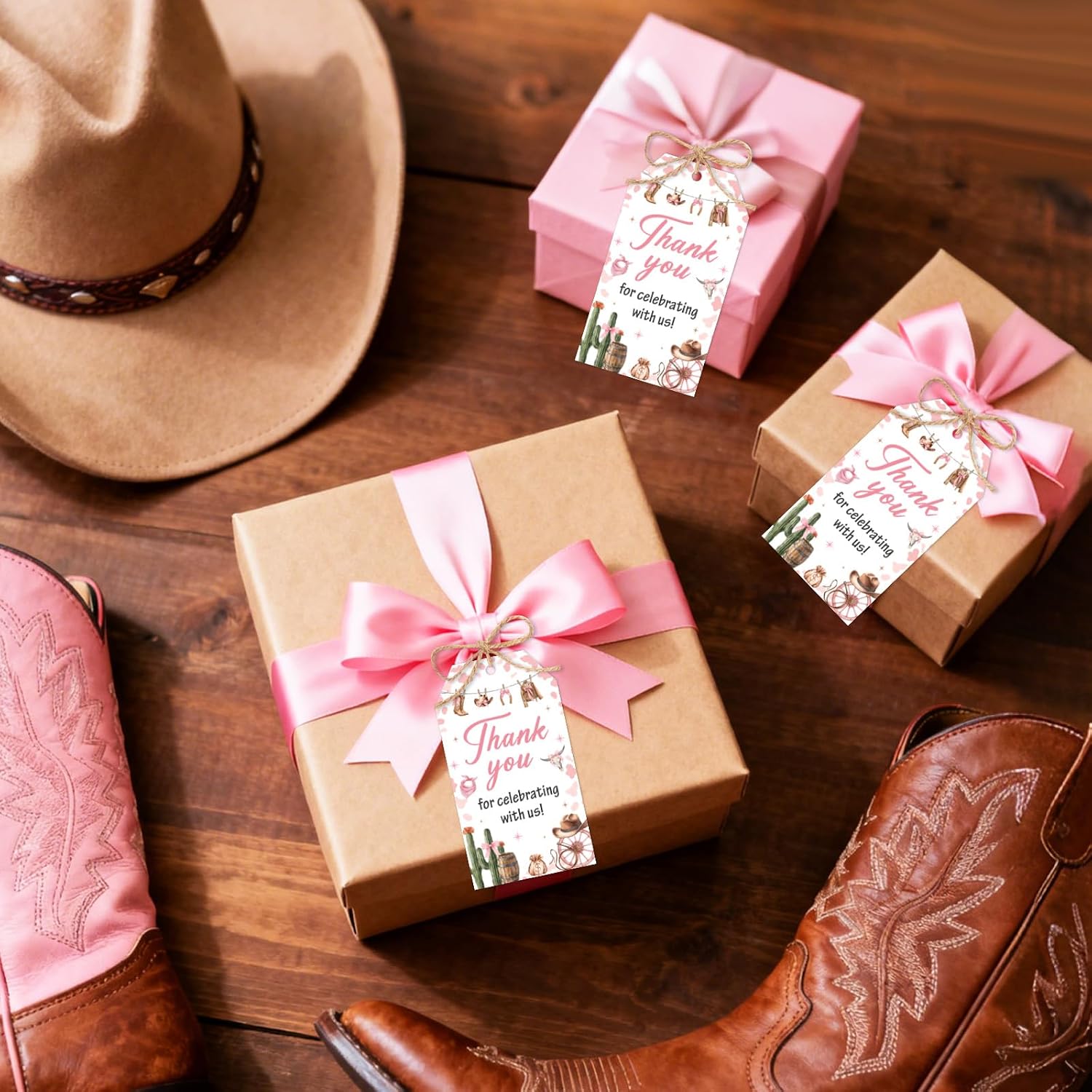 Serencatcher Cowgirl Bow Theme Party Decorations 50pcs Western Cowgirl Bow Thank You Gift Tags with String Party Favor Tags for Western Birthday Bachelorette Baby Shower Bridal Shower Party Favors image 2