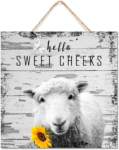 Letrero de madera Hello Sweet Cheeks de 8 x 8 pulgadas, diseño de girasol de ovejas, animales de granja, pintura al óleo, arte de madera, idea de