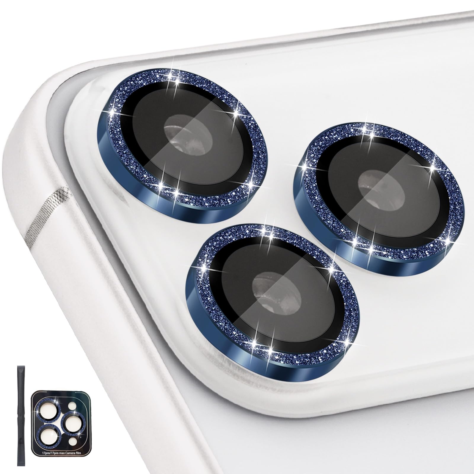Camera Lens Protector for iPhone 17 Pro/17 Pro Max, Individual Tempered Glass Camera Protector with Installation Tray Fit for iPhone 17 Pro/17 Pro Max Glitter Dark Blue
