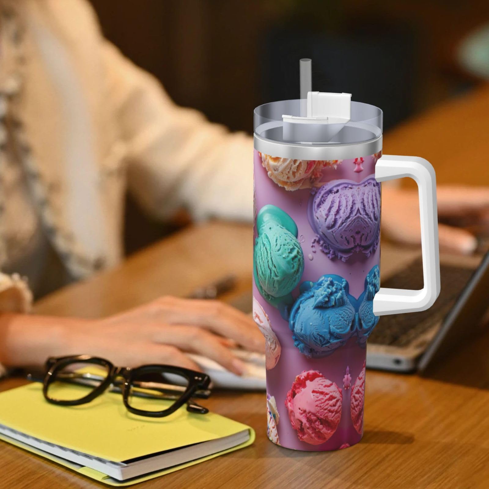Eisbecher mit Griff, Reisebecher, Trinkhalm, Edelstahl, für Wasser, Eistee, Kaffee, Geschenk