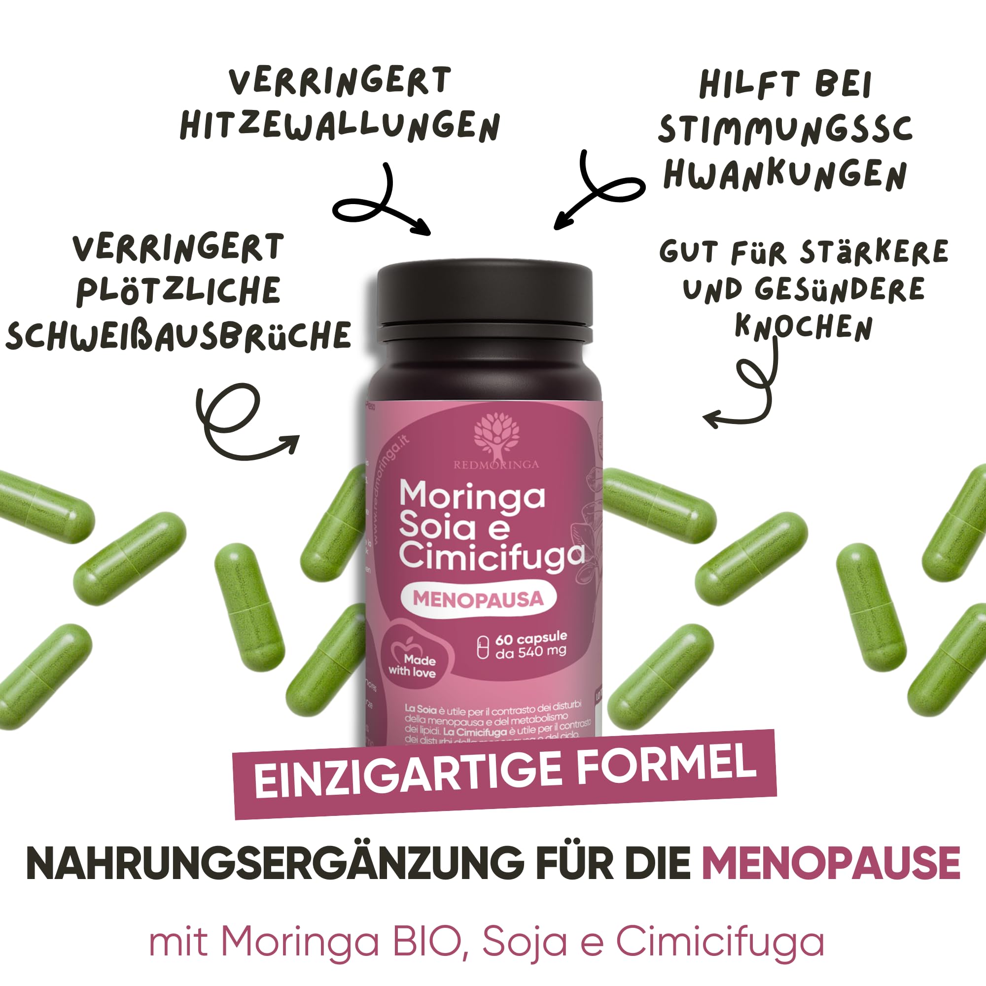 Formel für fortgeschrittene Menopause | Nahrungsergänzungsmittel Cimicifuga Menopause mit natürlichen Östrogenen gegen Hitzewallungen | Bio-Moringa zur Gewichtskontrolle | 60 Kapseln