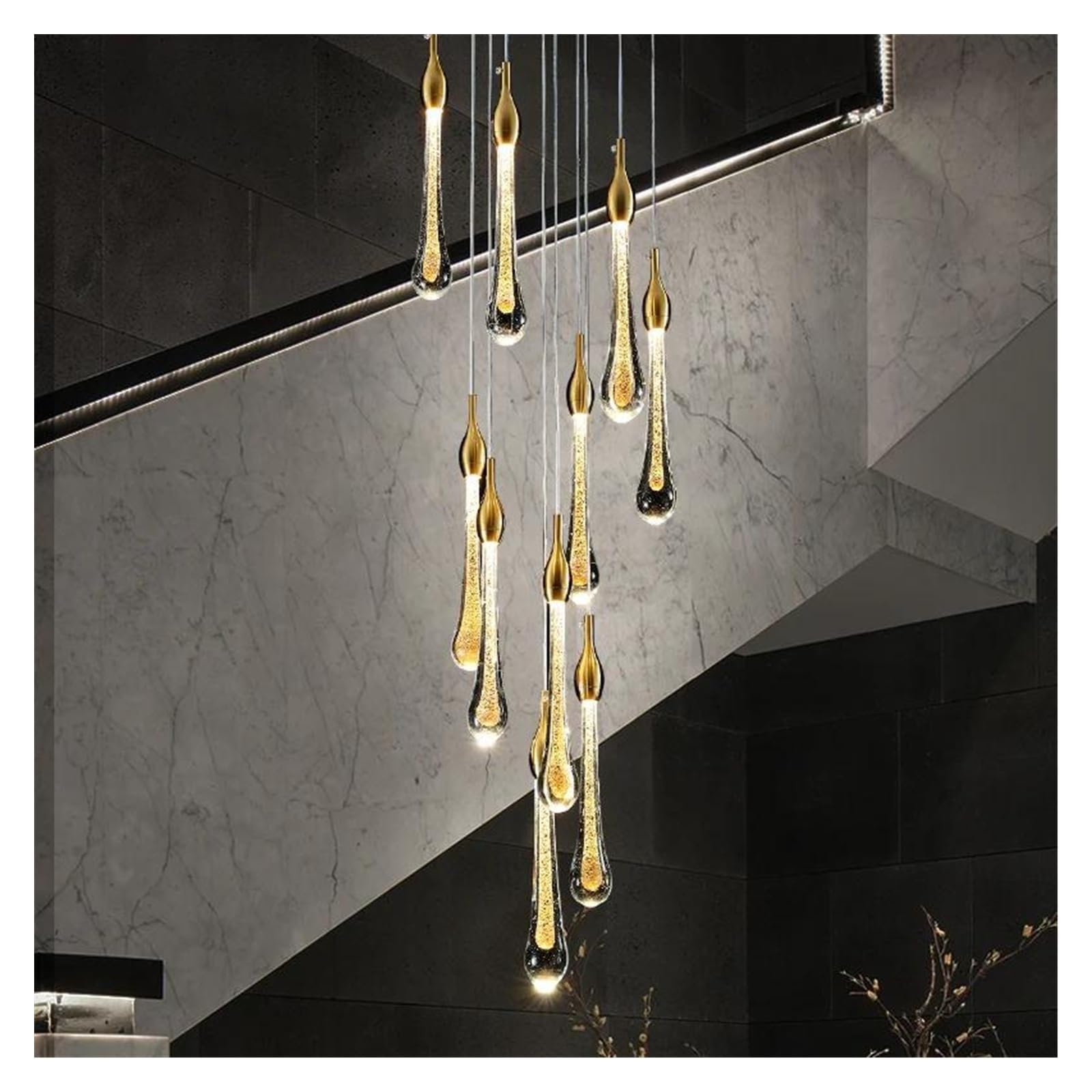 HYJAUSXB LED Art Deco Copper Glass Water Drop Designer Chandelier Lighting Lustre Suspension Luminaire Lampen for Living Room Staircase(10 Light)