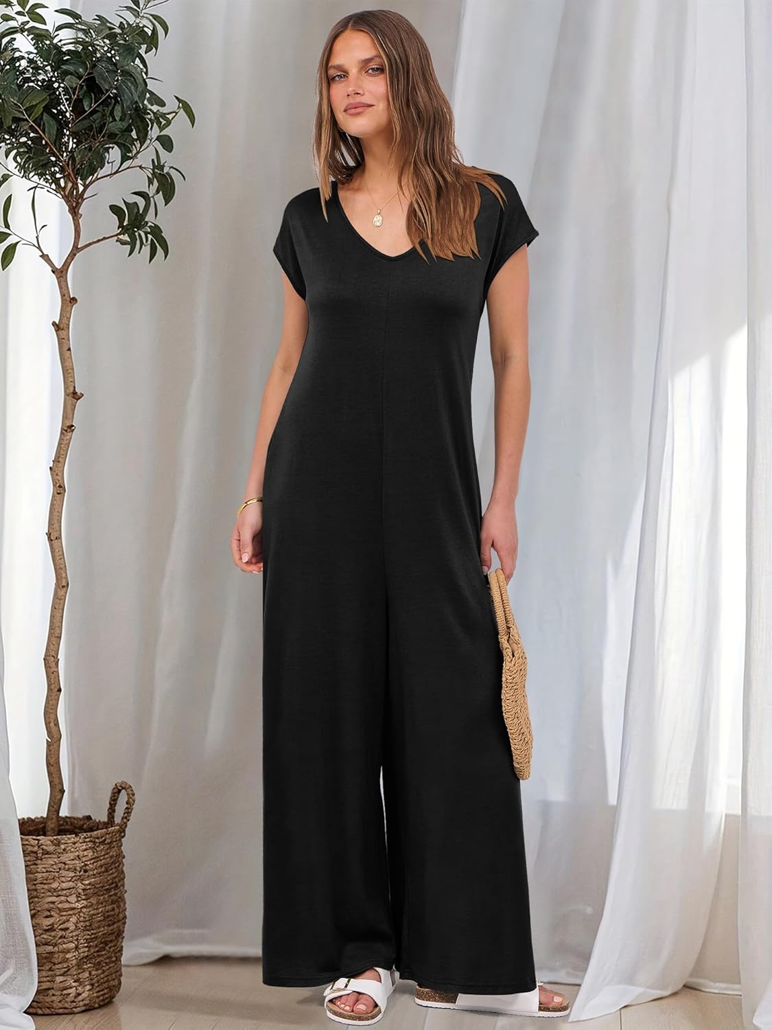 ANRABESS Jumpsuits for Women 2026 Summer Casual Loose Cap Sleeve Crewneck Wide Leg Rompers Jumper One Piece Beach Outfits - Image 8