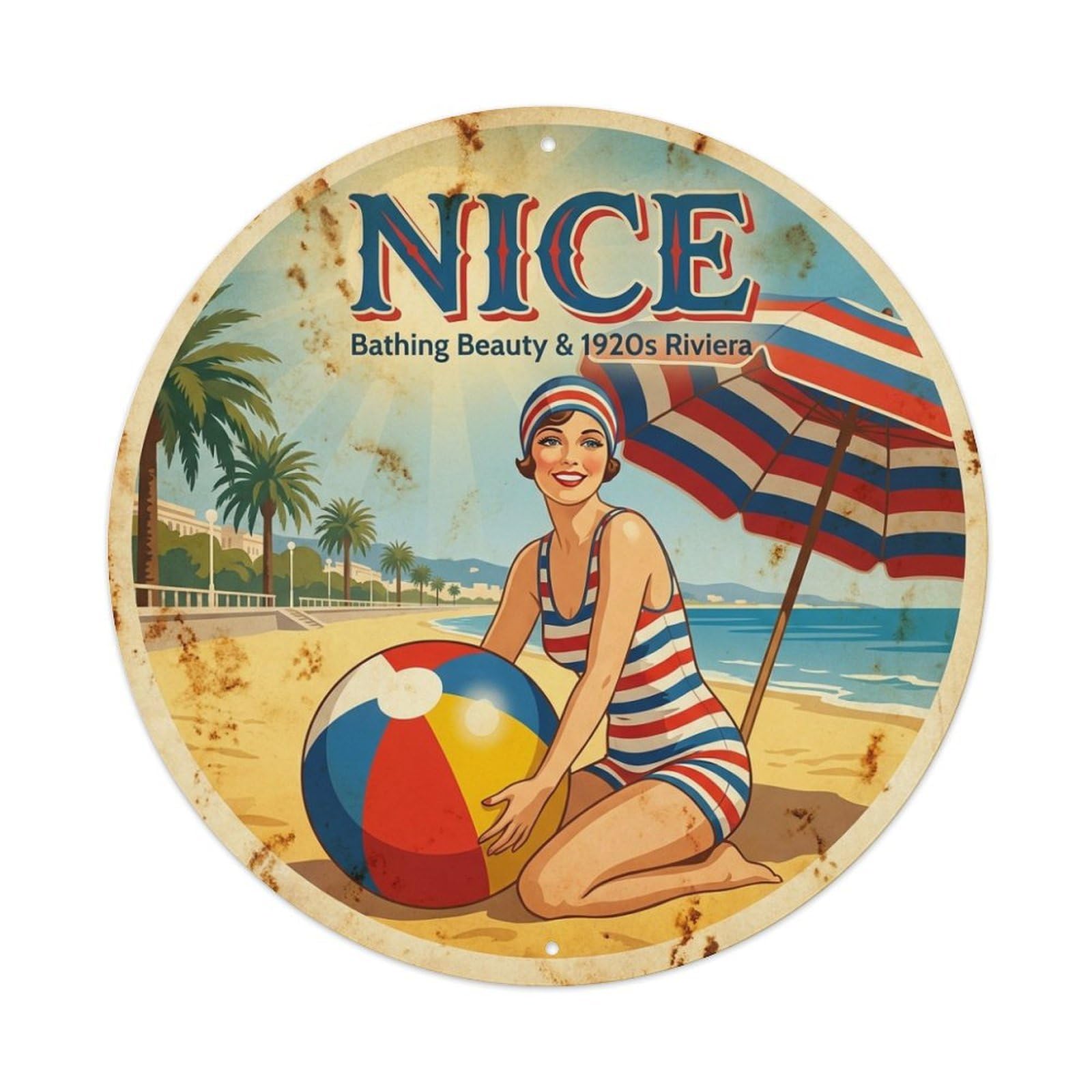 Olhnbad Style Coastal Route Nice Bathing Beauty Riviera Travel Metal Tin Sign