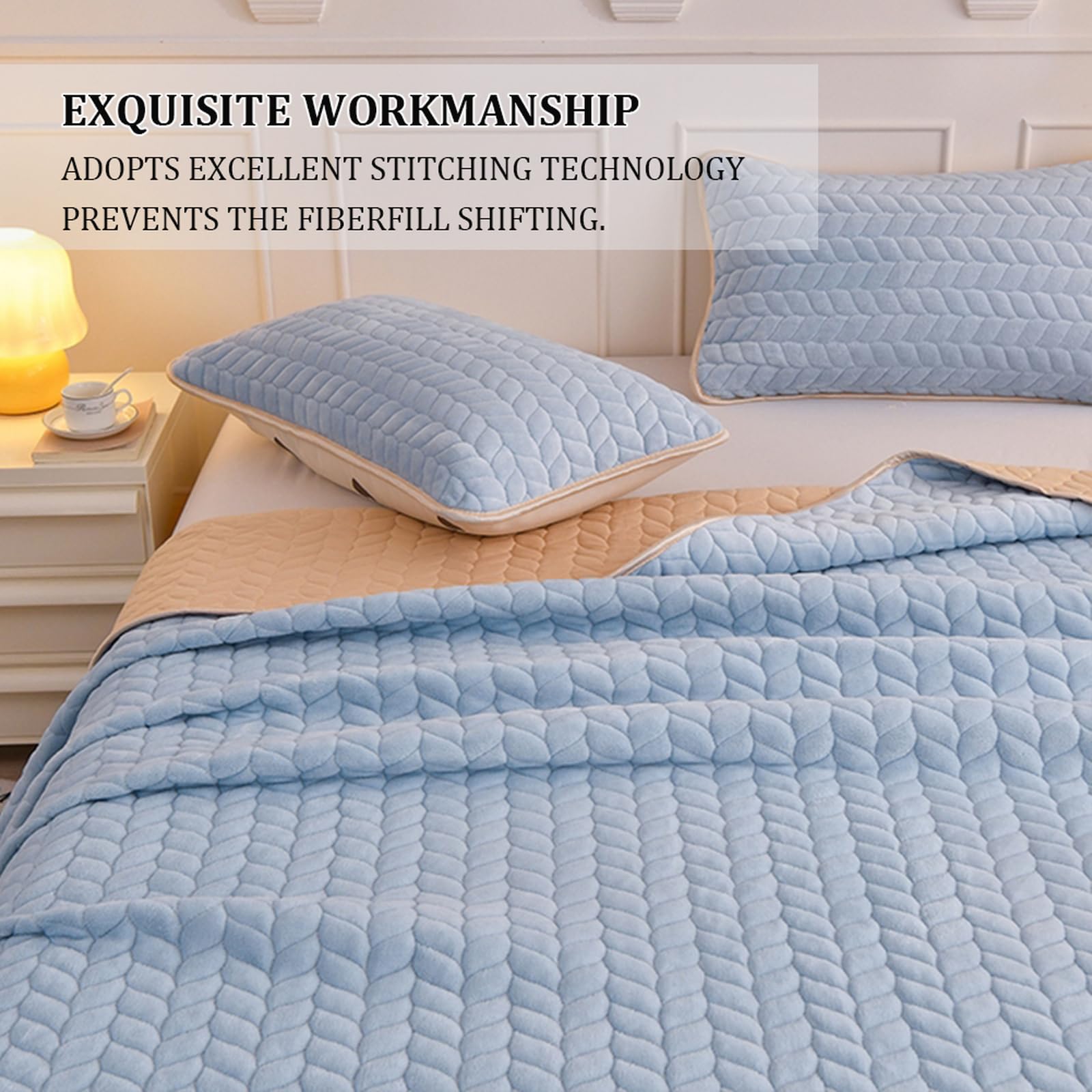 Tagesdecke 200 x 230 cm Plüsch Flanell Bettüberwurf Sofa hellblau