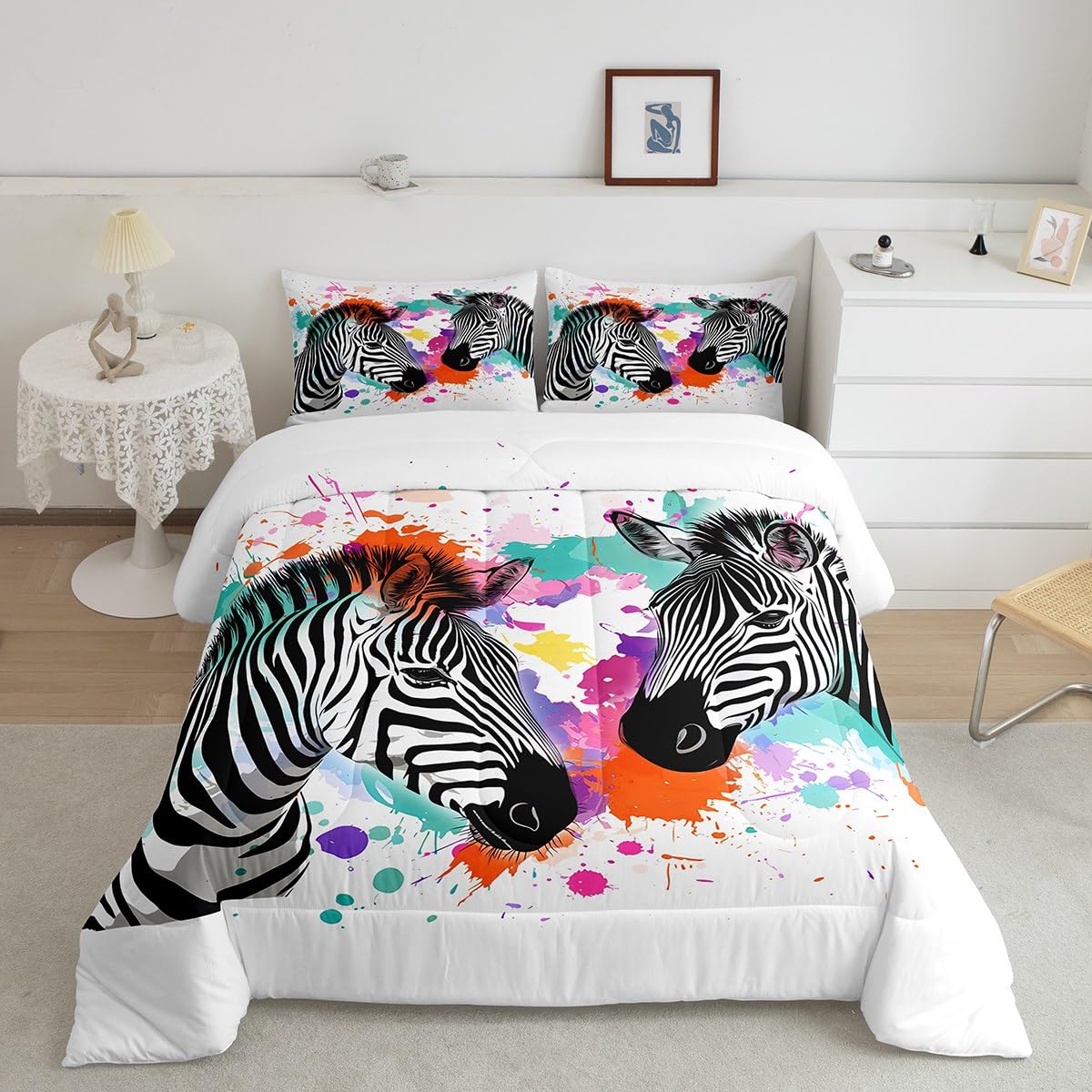 Colorful Zebra Juego De Cama De 3 Piezas Super King Para Niños, Niñas, Adolescentes, Hermoso, Colorido, Animal, Gráfico, Edredón, Grafiti, Arte, Ropa De Cama Para Hombres, Mujeres