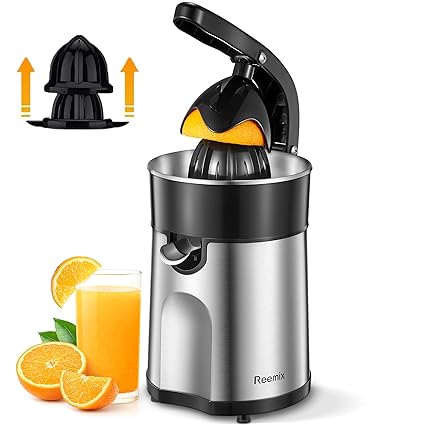 Reemix Electric Citrus Juicer, Orange Squeezer with Two Interchangeable Cones, Suitable for Orange, Lemon and Grapefruit, Brushed Stainless Steel, Easy to Clean and Use (ABS+Steel