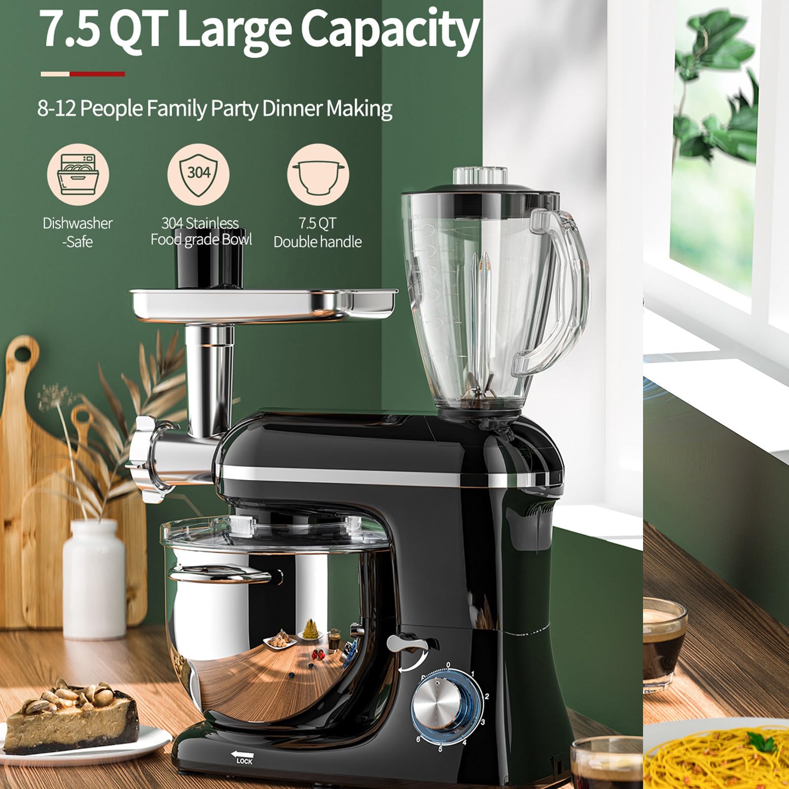 3-in-1-Multifunktionaler Standmixer/Mixer/Fleischwolf – 7,5 Qt Edelstahlschüssel, 1,5 l Glasbehälter, stumm/6 Geschwindigkeiten – für 8–12 Personen Familienparty Abendessen machen