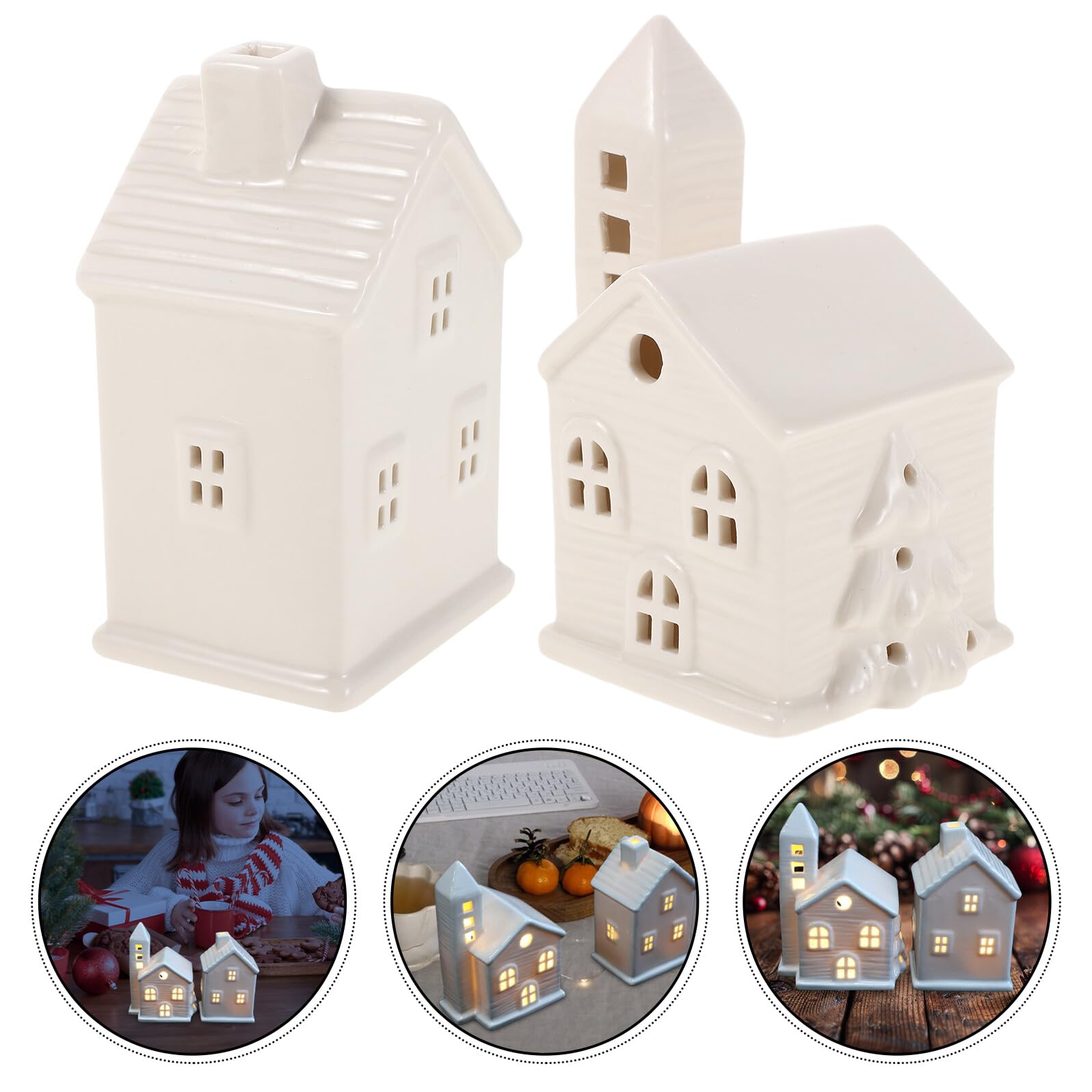 Uonlytech Casas Navideñas de Cerámica con Luces LED Cálidas, Adorno Elegante para Mesa y Árbol en Hogar Estilo Pueblo Rústico, Pack de 2 Piezas