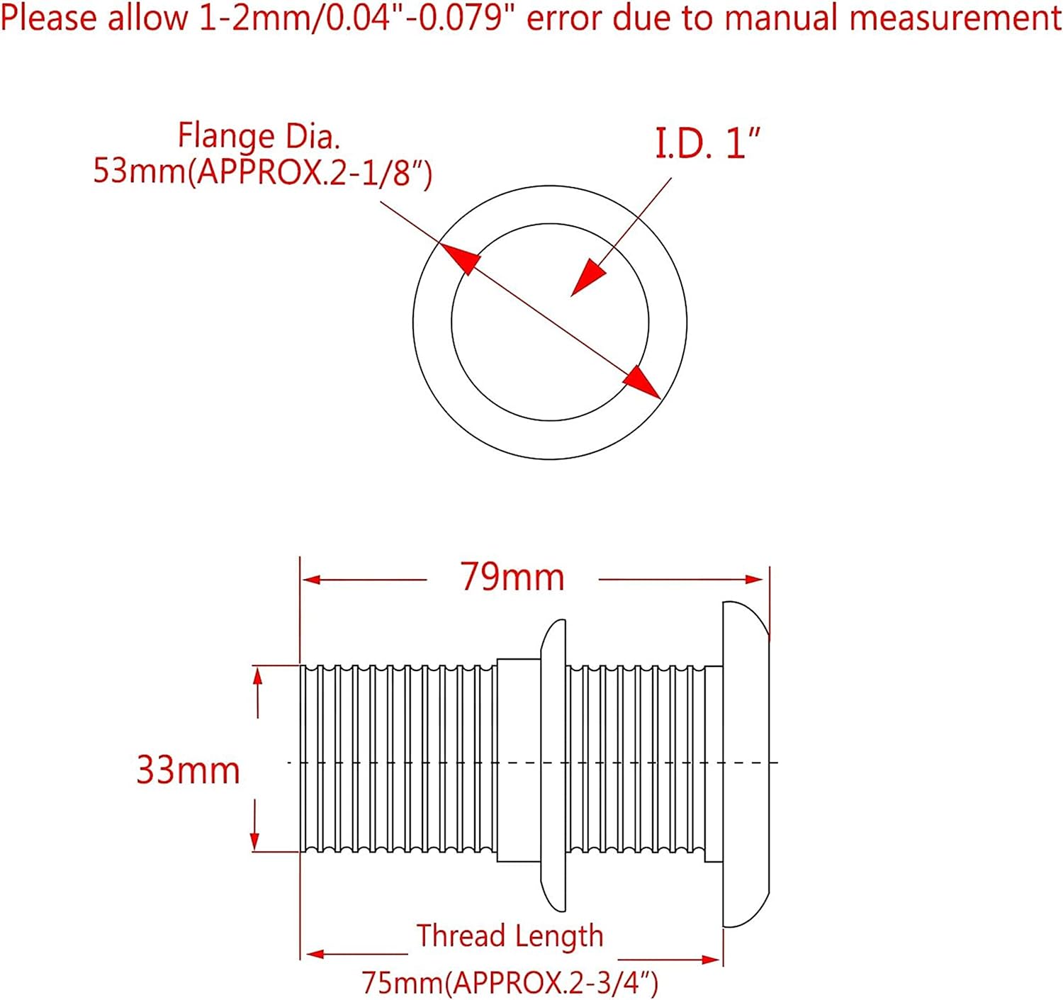 1Pack Stainless Steel 316 Straight Thru Hull Fitting Drain Thread Hose Barb Scupper Hose with Nut，Marine Bilge Pump Drain Vent Aerator Hose Yacht Water Outlet Port