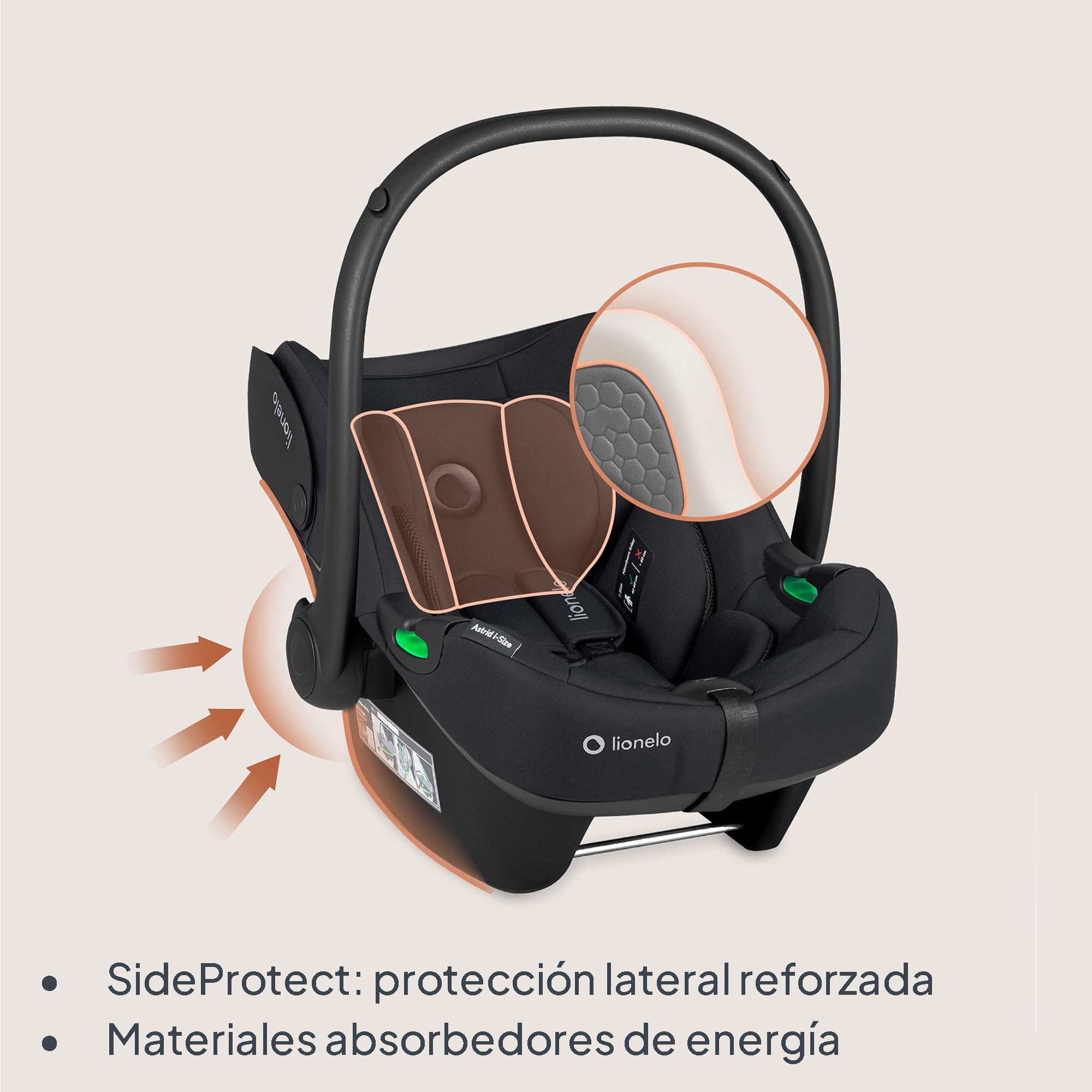 Lionelo ASTRID silla de coche para bebés 40-87 cm (Grupo 0+) i-Size puntos protección lateral Portabebés, Orientación trasera cinturón de seguridad de 3