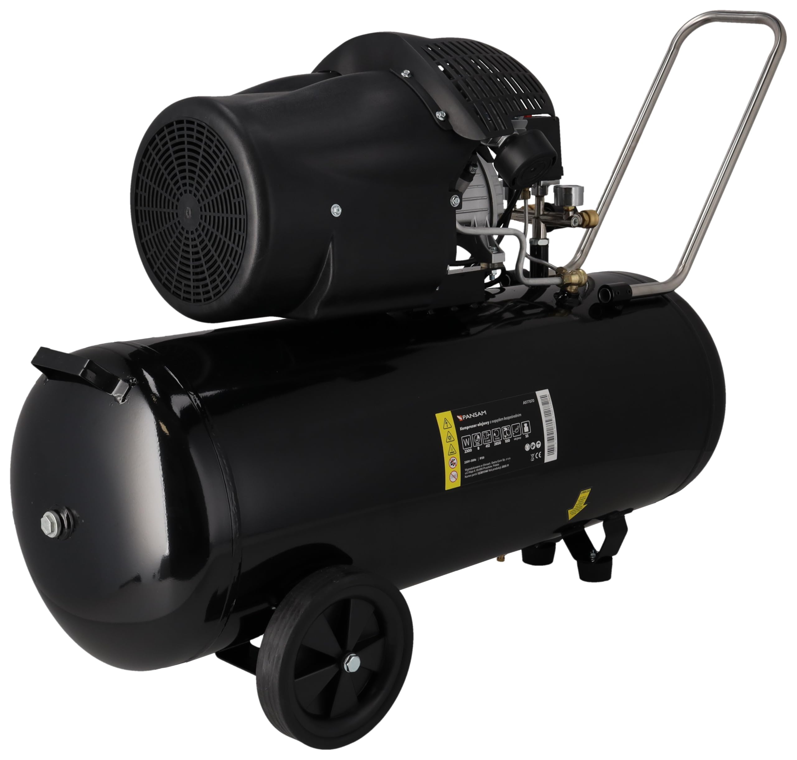 PANSAM Compresseur à air lubrifié 100 L, bicylindre en V 2300 W, 8 bar, débit d’air 412 l/min, compresseur d’atelier avec 2 manomètres, 2 raccords rapides, roues de transport et poignée