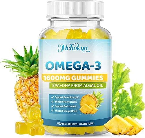 Miniatura 1 de Gomitas veganas Omega-3 de 1600 mg de EPA y DHA de aceite de algas, alternativa al aceite de pescado para adultos y niños, suplemento Omega 3 con