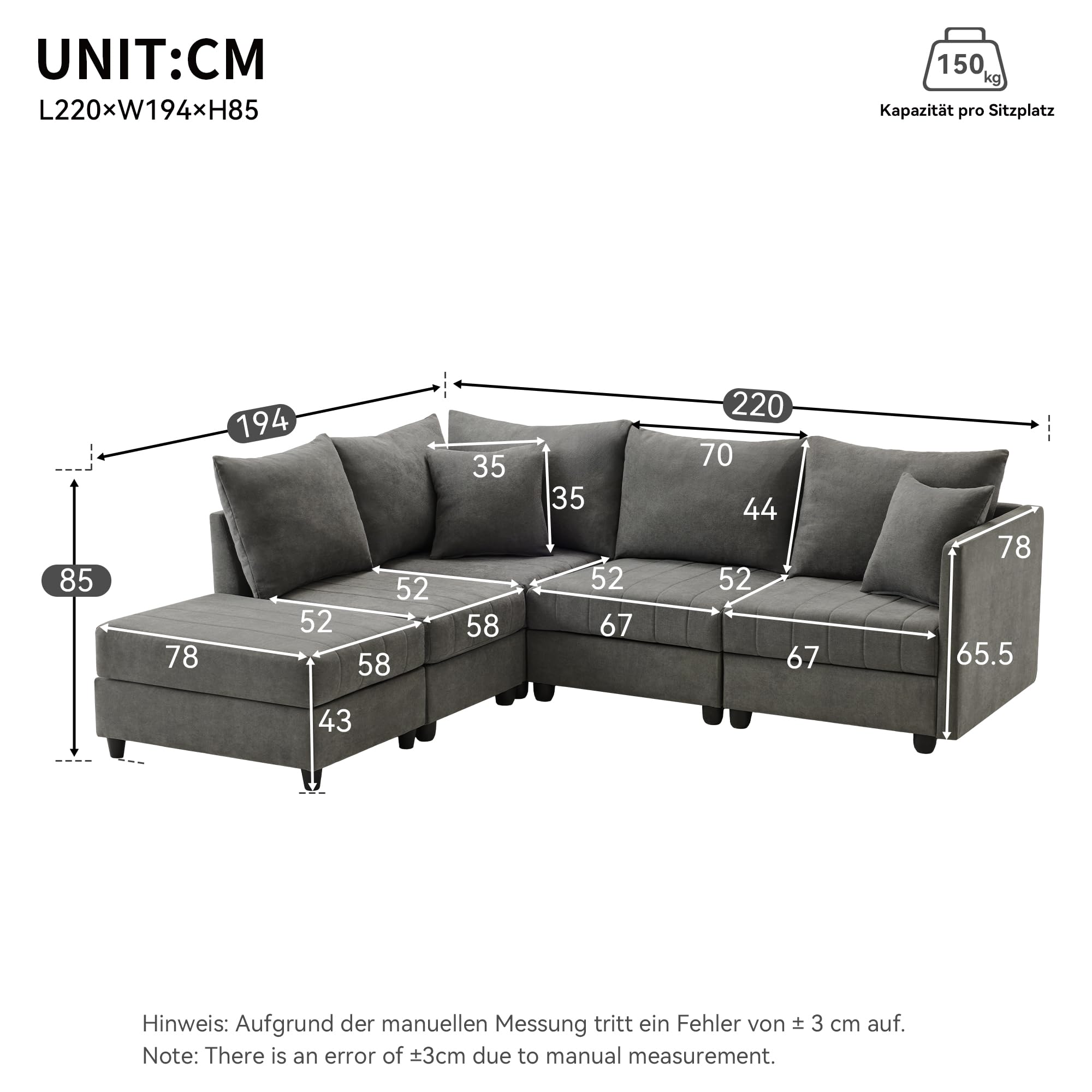 SACOOL Sofá esquinero moderno, sofá modular, sofá de 5 plazas con reposapiés convertible, en forma de L, en forma de U, adecuado para sala de estar, apartamento, etc.