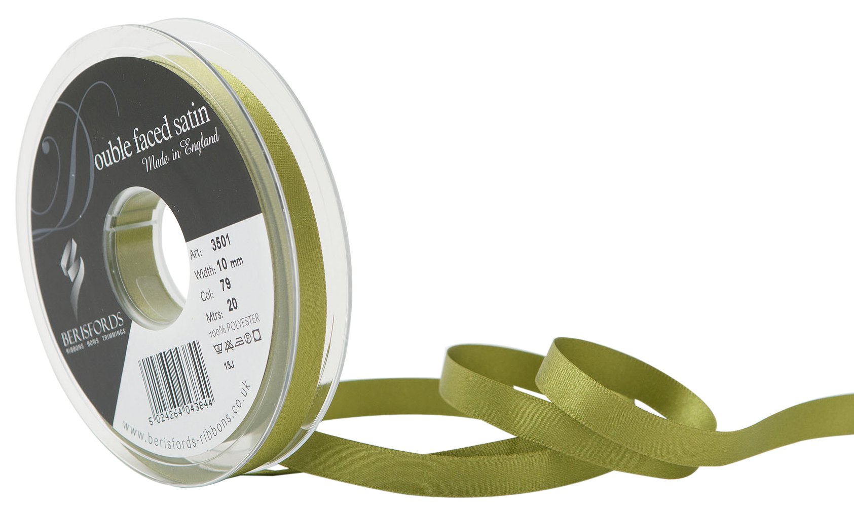 Berisfords Double FACE Poly Satin Ribbon, Moss, 10 mm