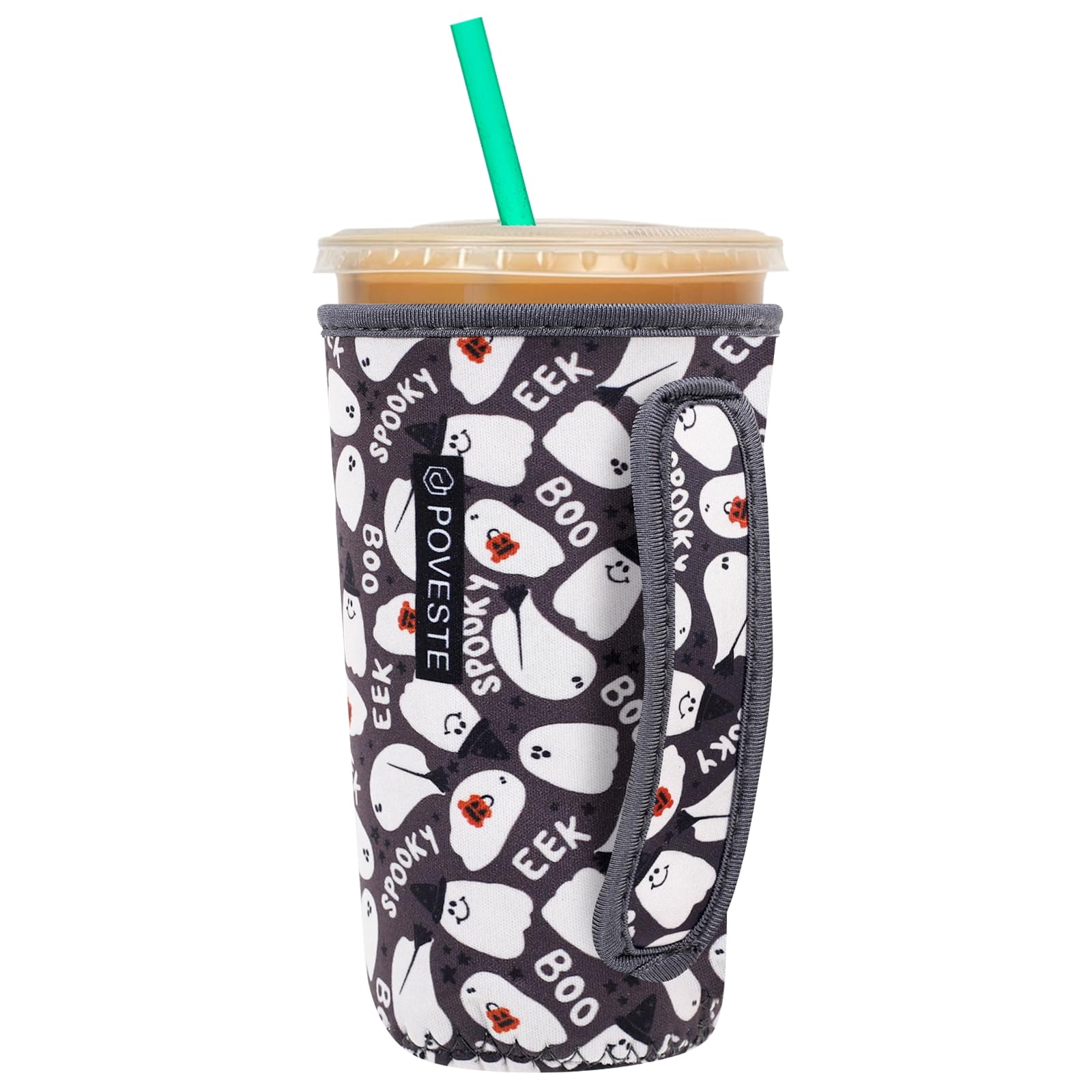 Reusable Neoprene Insulator Sleeve for Iced Coffee &amp; Cold Soda, Coffee Sleeves for Iced &amp; Hot Drinks, Cold Beverage Cooler Compatible with Starbucks, Dunkin (Halloween Boo, Large: 32oz)