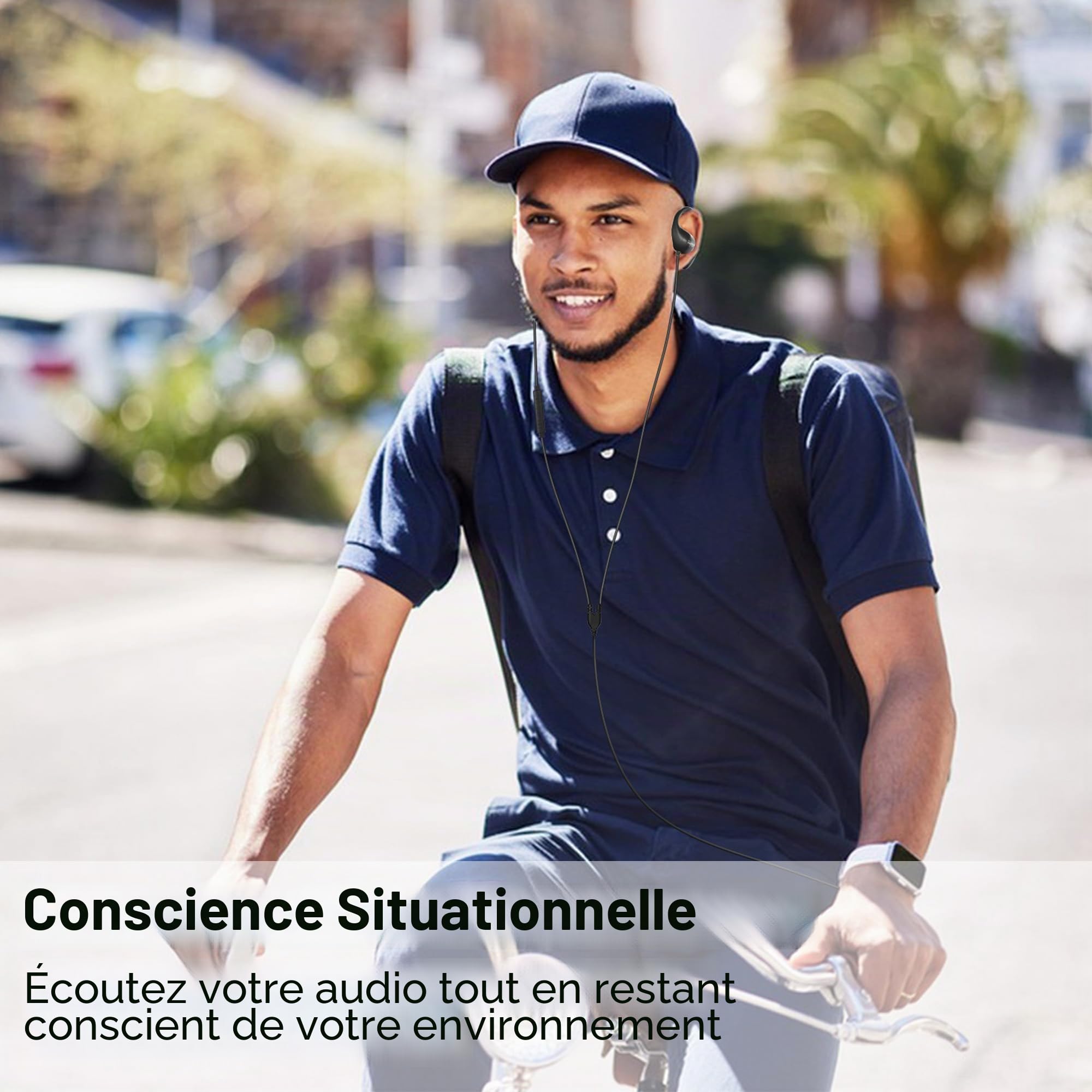 Écouteurs filaires ouverts avec microphone contrôle du volume et appels avec commandes en ligne, prise jack 3,5 mm et crochet enveloppant autour de l'oreille