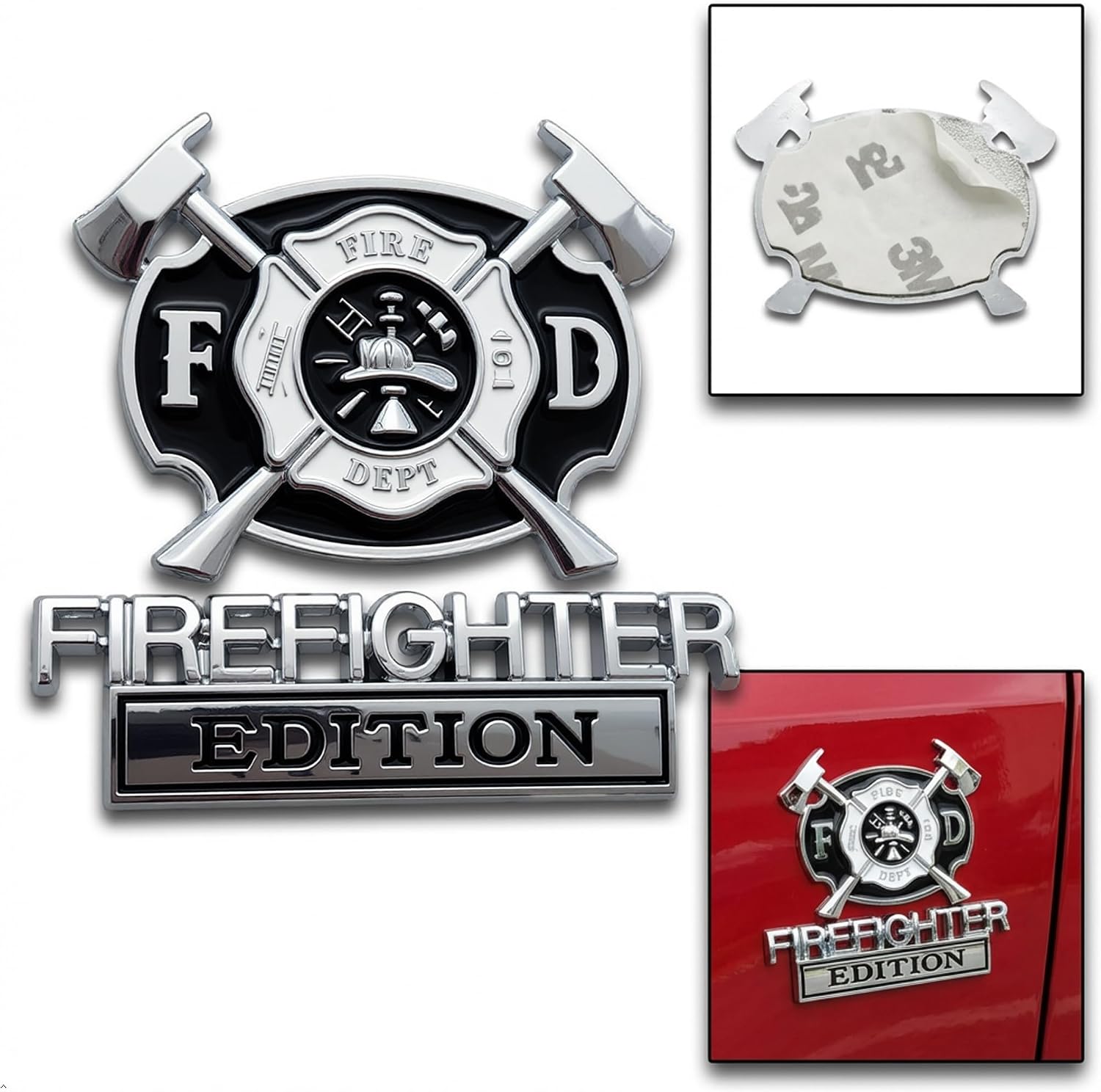 Premium 3D Metal Firefighter Edition Emblem - Heavy Duty Maltese Cross Car Badge & Auto Decal Set, Weatherproof Accessory for Truck, SUV, Perfect First Responder Fireman Gift (Silver)