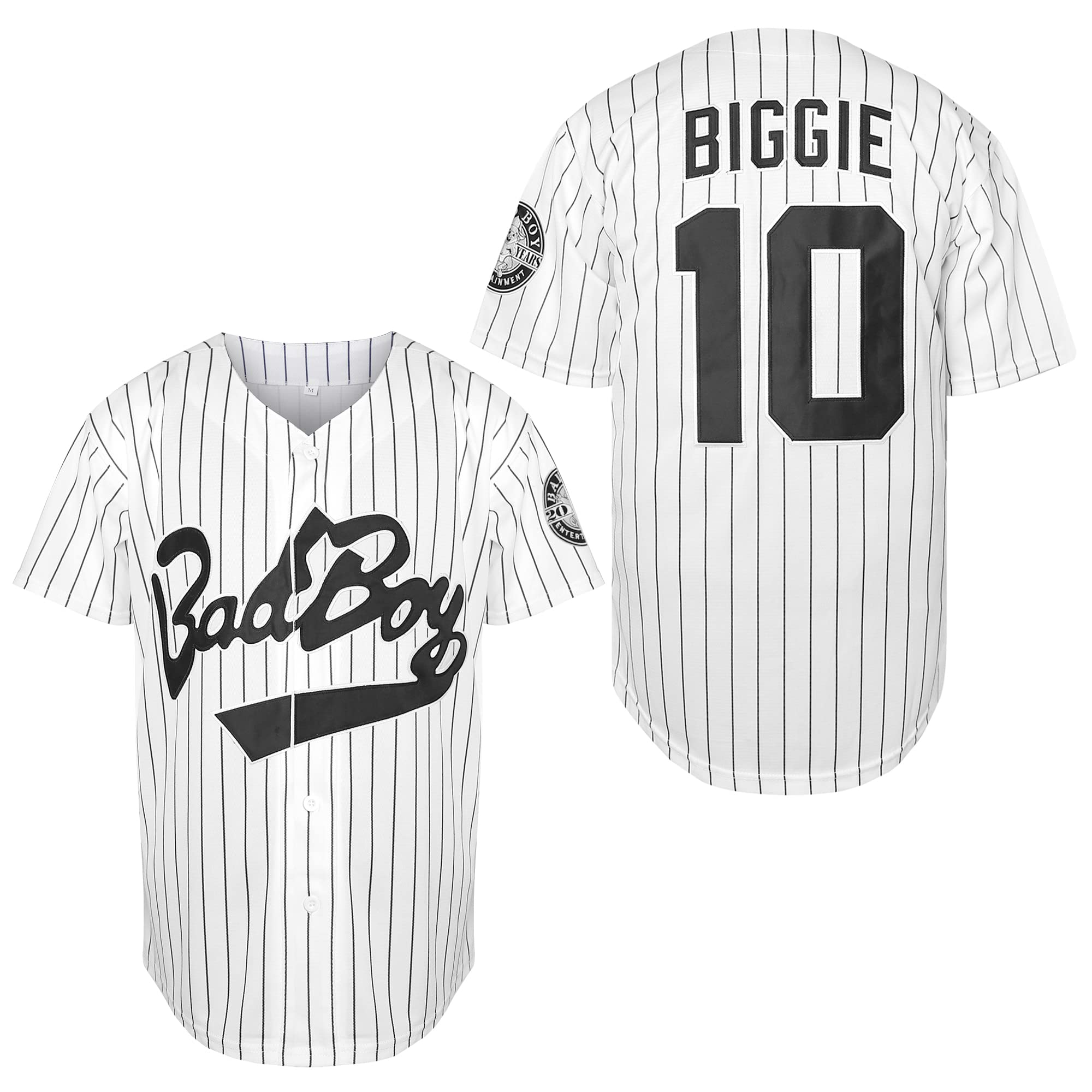 Biggie Smalls Jersey 10 Bad Boy Camisa 90s Hip Hop Ropa Cosida Película Jersey De Béisbol, 10 rayas blancas, X-Large