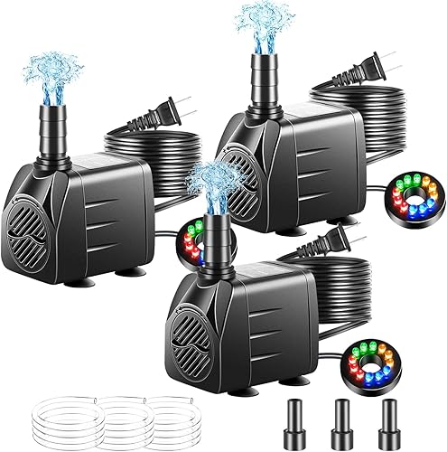 Paquete de 3 bombas sumergibles con luz LED, bomba de fuente pequeña con tubo, bomba de agua sumergible para acuario, pecera, interior o exterior,