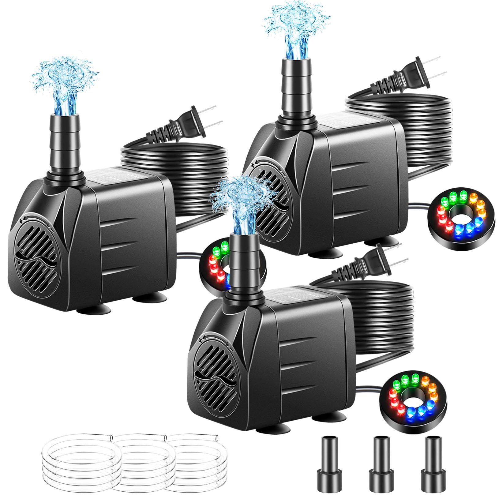 pamaner 3 Pack Submersible Pump with Led Light, Small Fountain Pump with Tubing, Submersible Water Pump for Aquarium Fish Tank Indoor or Outdoor Pond