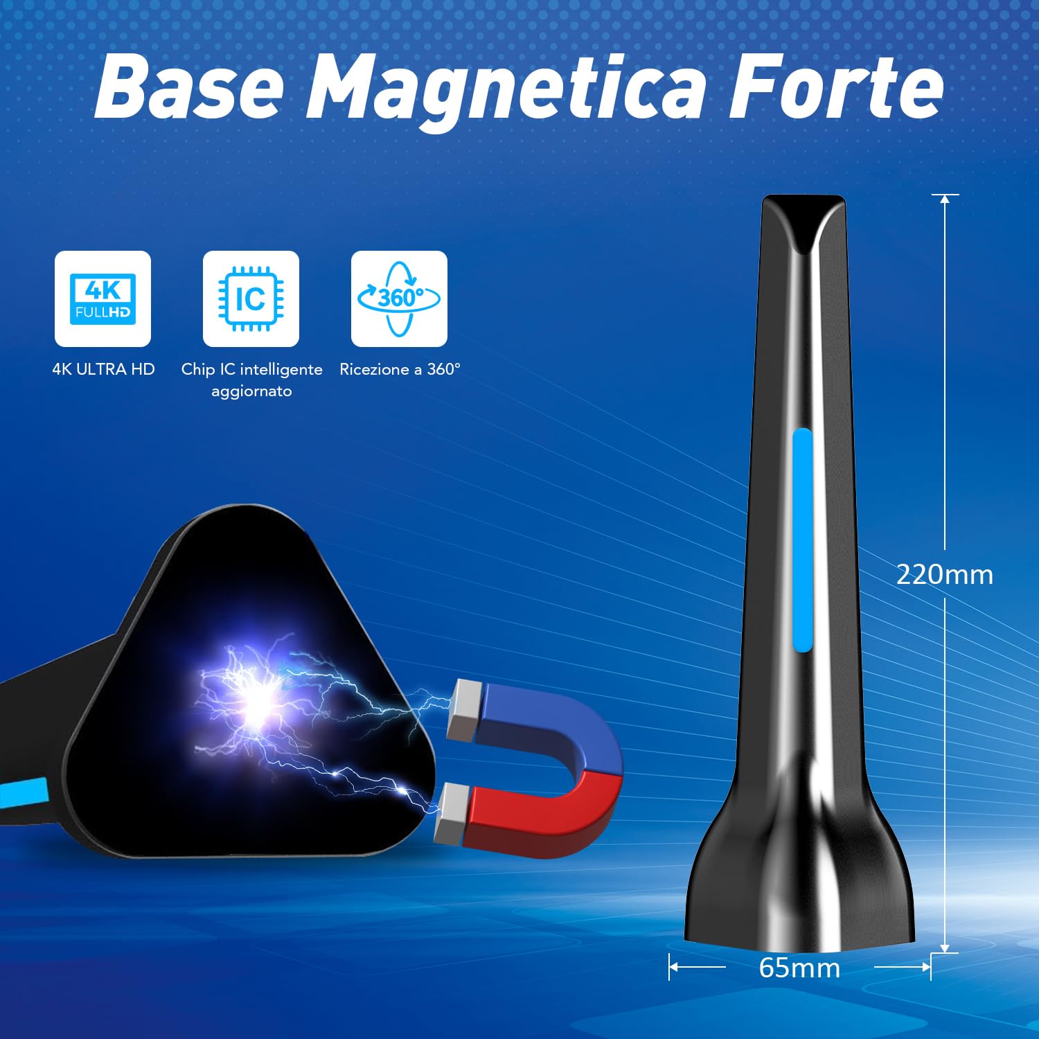 Antenna tv interna, antenne tv intérieur puissante, antenna TV portatile con potente base magnetica,ricezione a lunga distanza Supporta 4K 1080p DVB-T/DVB-T2Canale locale