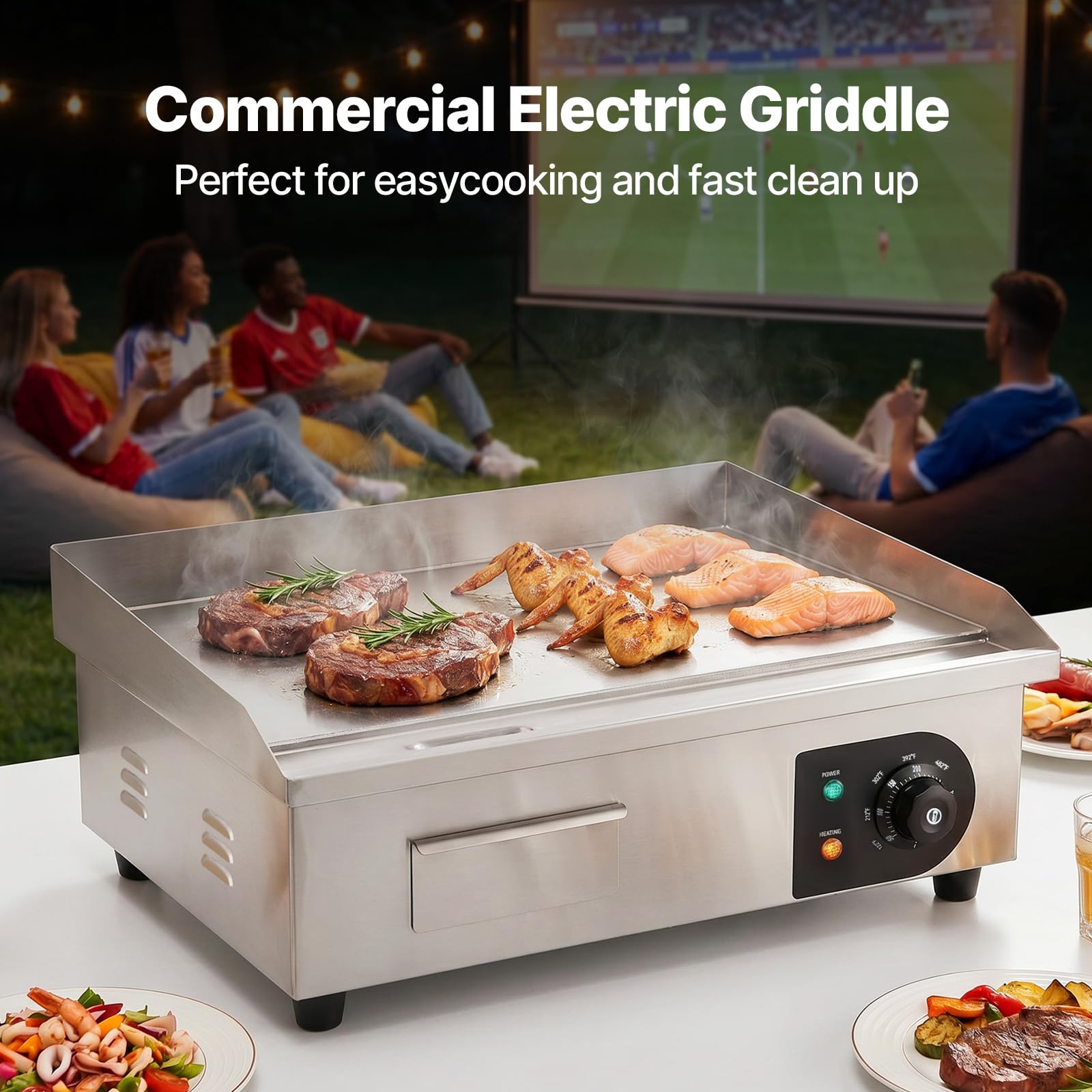 VEVOR Piastra Elettrica per Cottura Commerciale 1600W Superficie di Cottura 54 x 30cm, Piastra in Ferro per BBQ Cottura Evento all'Aperto Temperatura Controllata 50°C - 300°C Telaio in Acciaio Inox