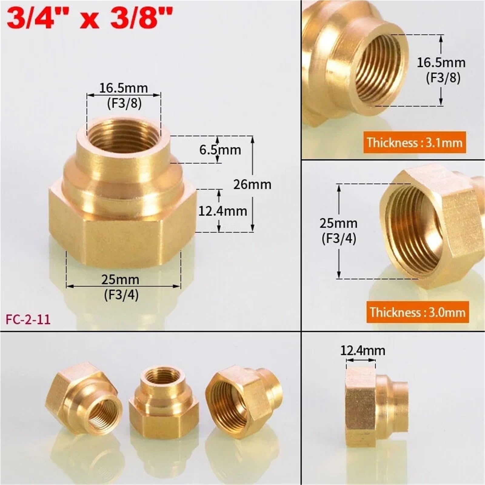 Messing Buchse Adapter 1~5 stücke Messing Weibliche Reduzierhülse 1/8 "1/4" 3/8 "1/2" 3/4 "1" BSP Gewinde Hex Rohr Fitting for Wasser Gas(Color 3I4 x 3I8,5pcs)