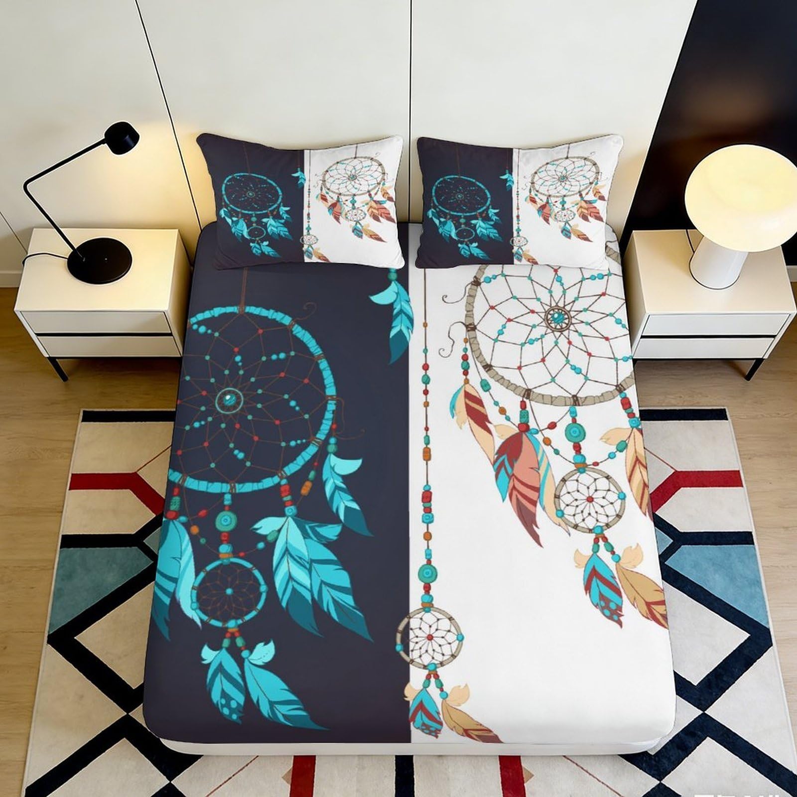 3D Printed Dreamcatcher Fitted Sheet Microfiber Soft Breathable Feather Bed Cover for Bedroom Dormitory Guest Room Mattress Protection Decor 180x200x25cm